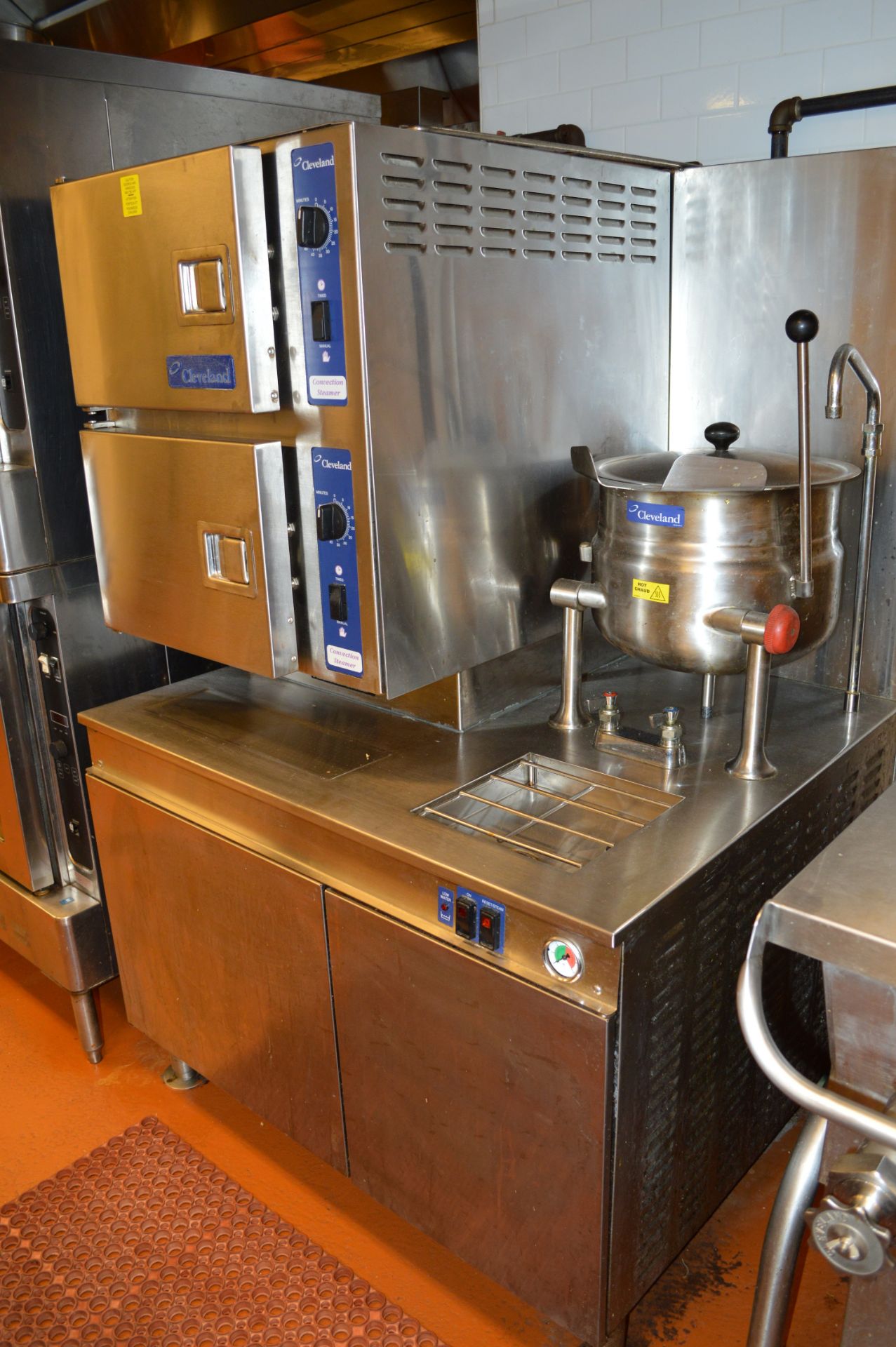 CLEVELAND STAINLESS STEEL 2 DOOR STEAMER WITH SIDE KETTLE. COMPLETE UNIT.