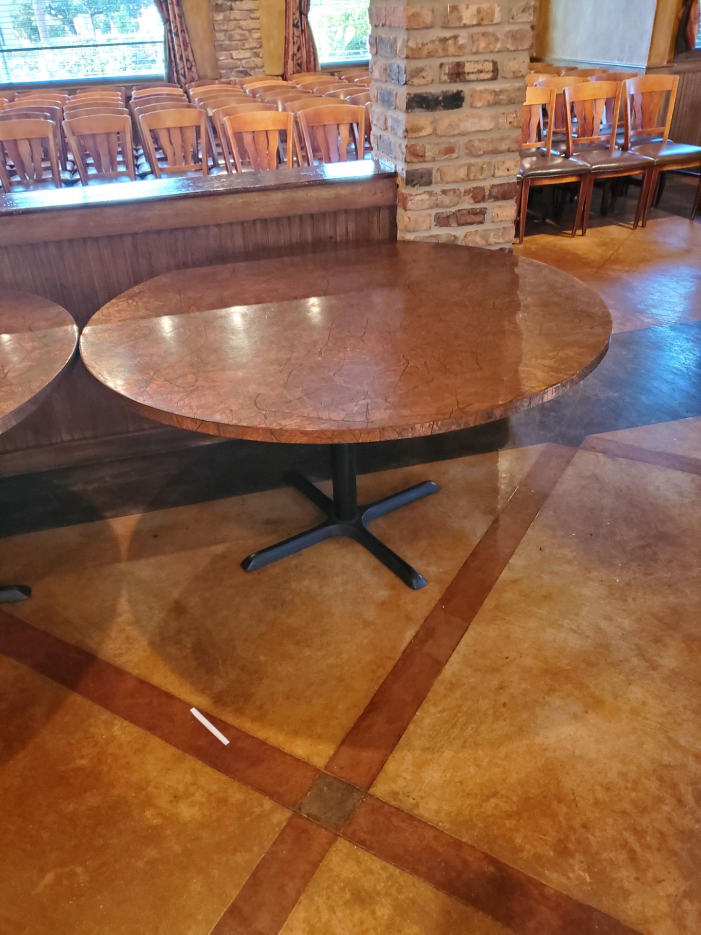 5 48 INCH ROUND WOODEN TOP TABLES WITH BASES