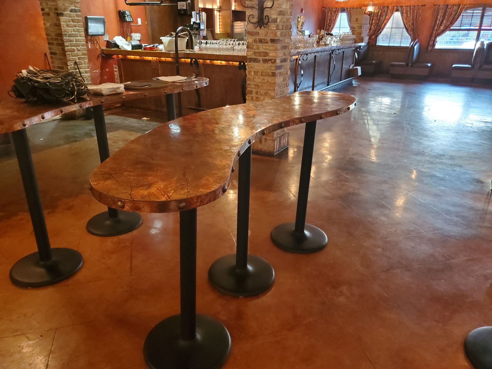 3 84 INCH LONG CURVE SHAPE COMMUNITY BAR HEIGHT TABLES WITH 3 BASES PER TABLE