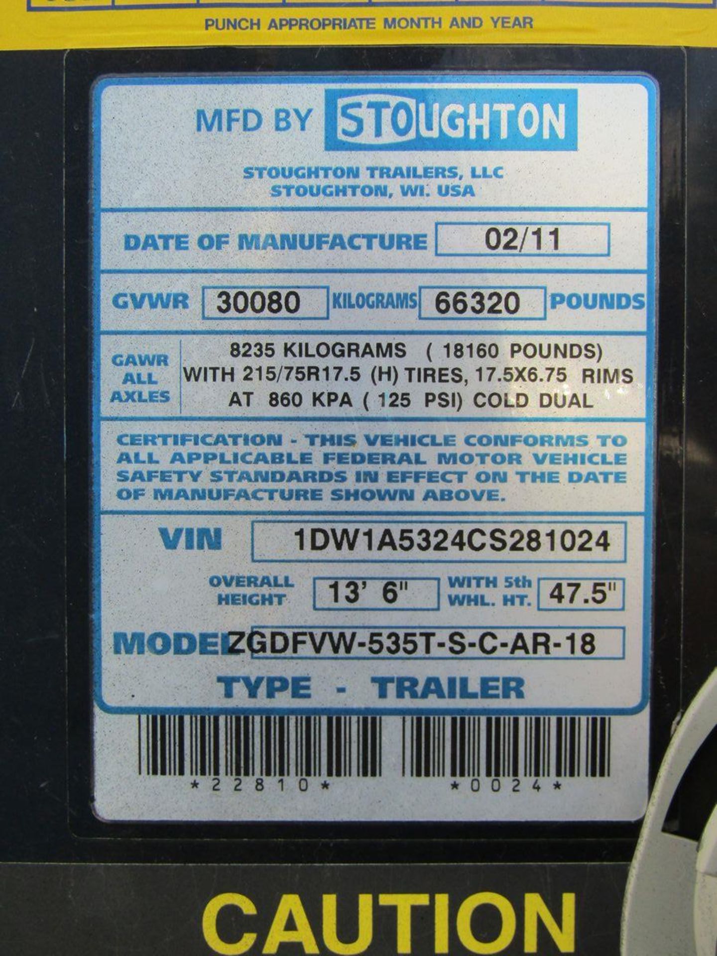 2011 STOUGHTON Model ZGDFVW-535T-S-C-AR-18 Z-Plate Van Trailer, 53' Long, VIN# 1DW1A5324CS281024, - Image 4 of 4