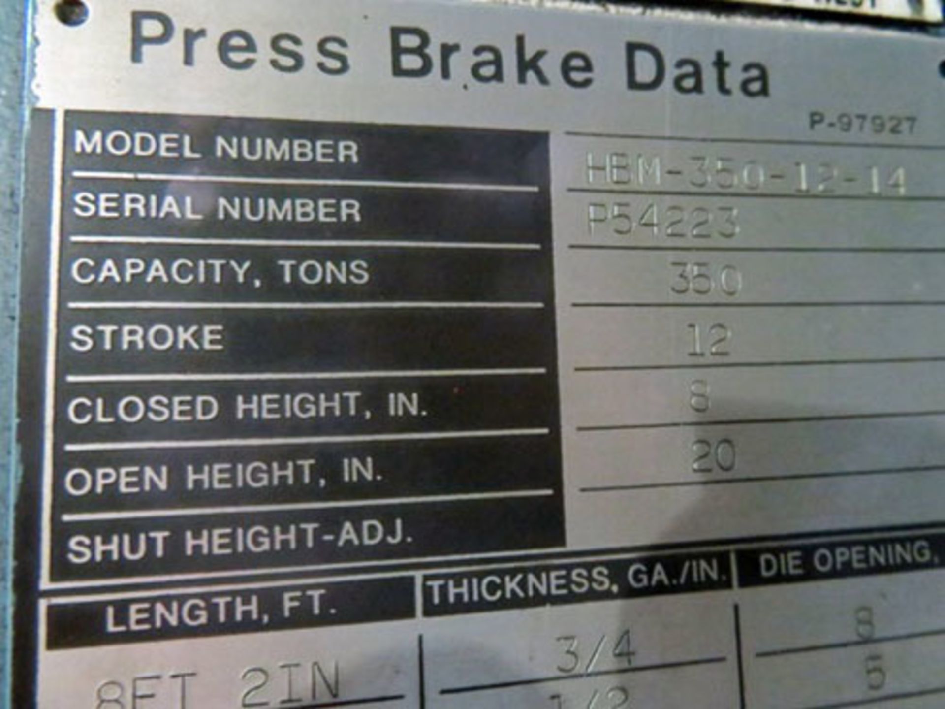 1995 Niagara CNC 2 Axis Hydraulic Press Brake, 350 Ton x 14', Mdl: HBM-350-12-14, S/N: P54223 ( - Image 6 of 6