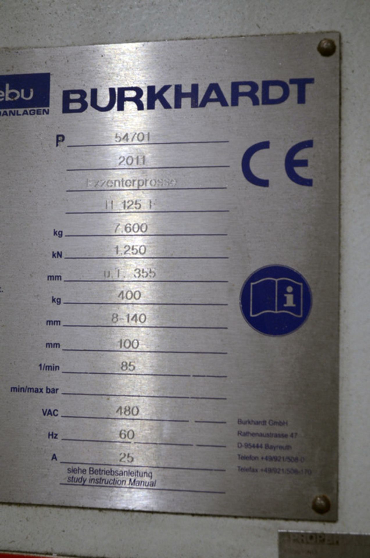2011 EBU Burkhardt Gap Frame Eccentric Punch Press 125 Ton x 39" x 28", Mdl: H125F, S/N: P54701 ( - Image 9 of 9