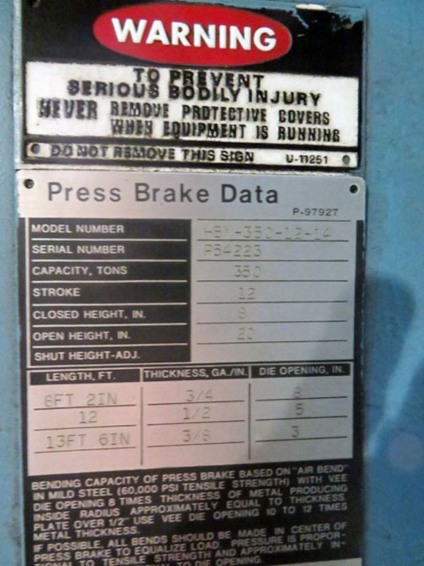 1995 Niagara CNC 2 Axis Hydraulic Press Brake, 350 Ton x 14', Mdl: HBM-350-12-14, S/N: P54223 ( - Image 5 of 6