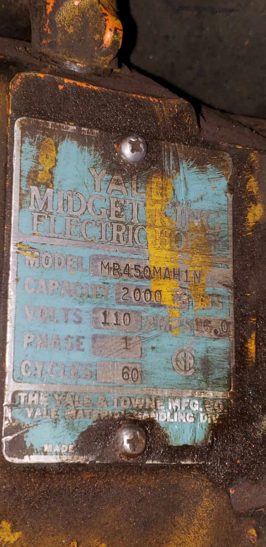 Yale, Mdl: MR450 1-Ton Midget King Electric Hoist V- 115, Amps- 16.0, 1PH, HZ 60, .75 HP, RPM- 1725, - Image 2 of 4
