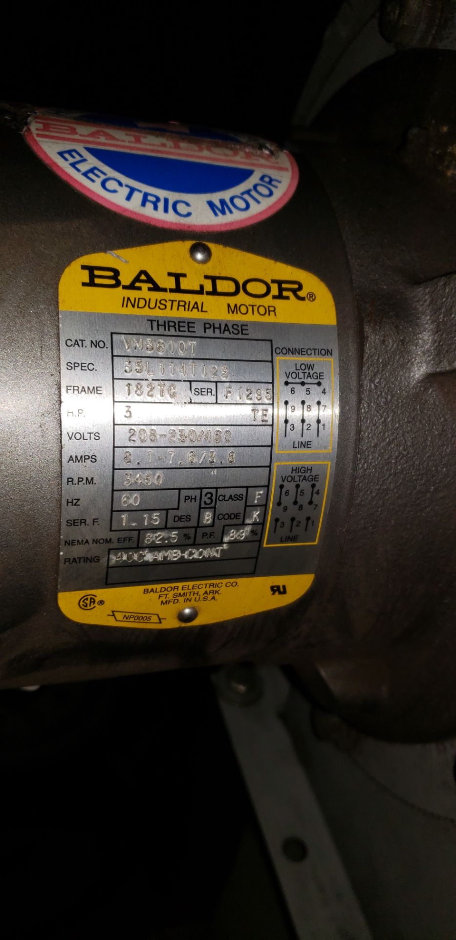 1995 Baldor Electric, Mdl: VM3610T Squirrel Cage Fan Duct & Vent. V- 208-230/460, AMPs- 8.1 - 7.6/ - Image 3 of 3