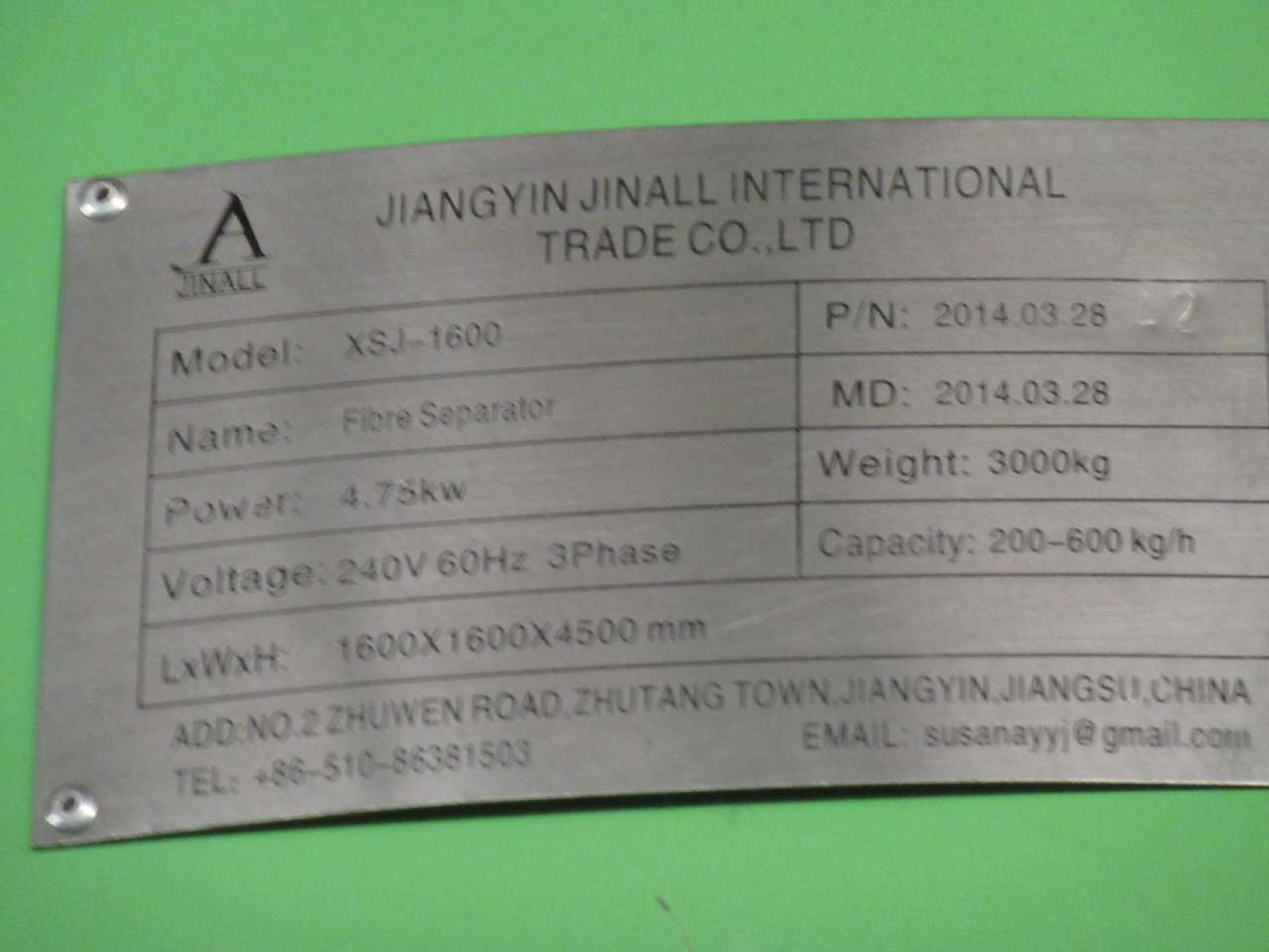 2014 Jiangyin Jinall International Trade Co. XSJ-1600 Fibre Seperator - Image 2 of 3