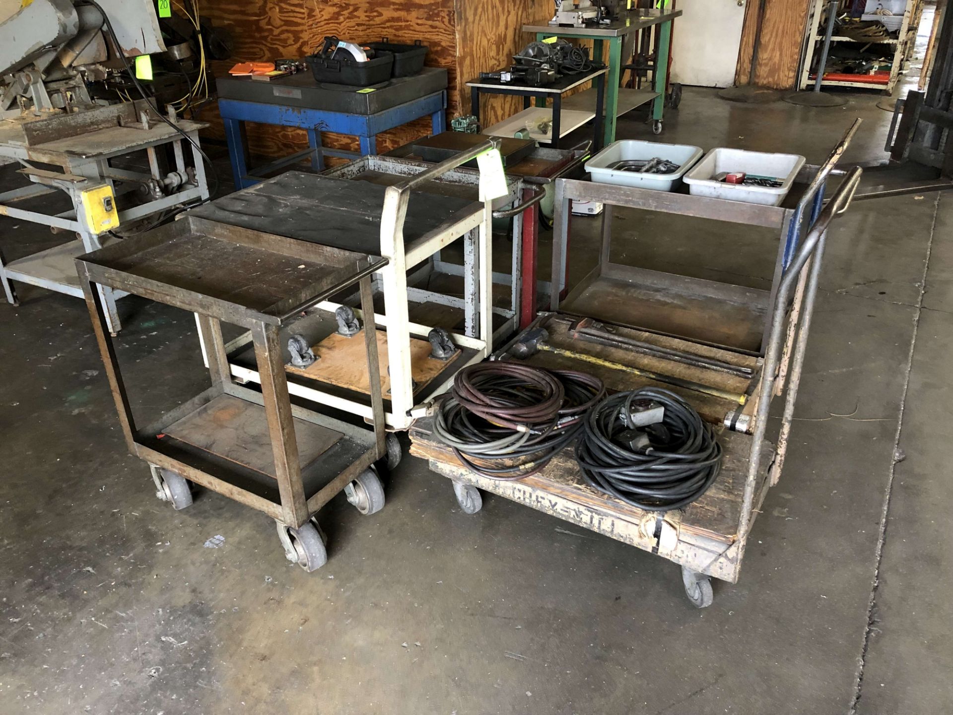 Lot of (7) Shop Carts w/ Contents: Box of Drill Bits, Box of C-Clamps, Ridgid 36" Pipe Wrench,