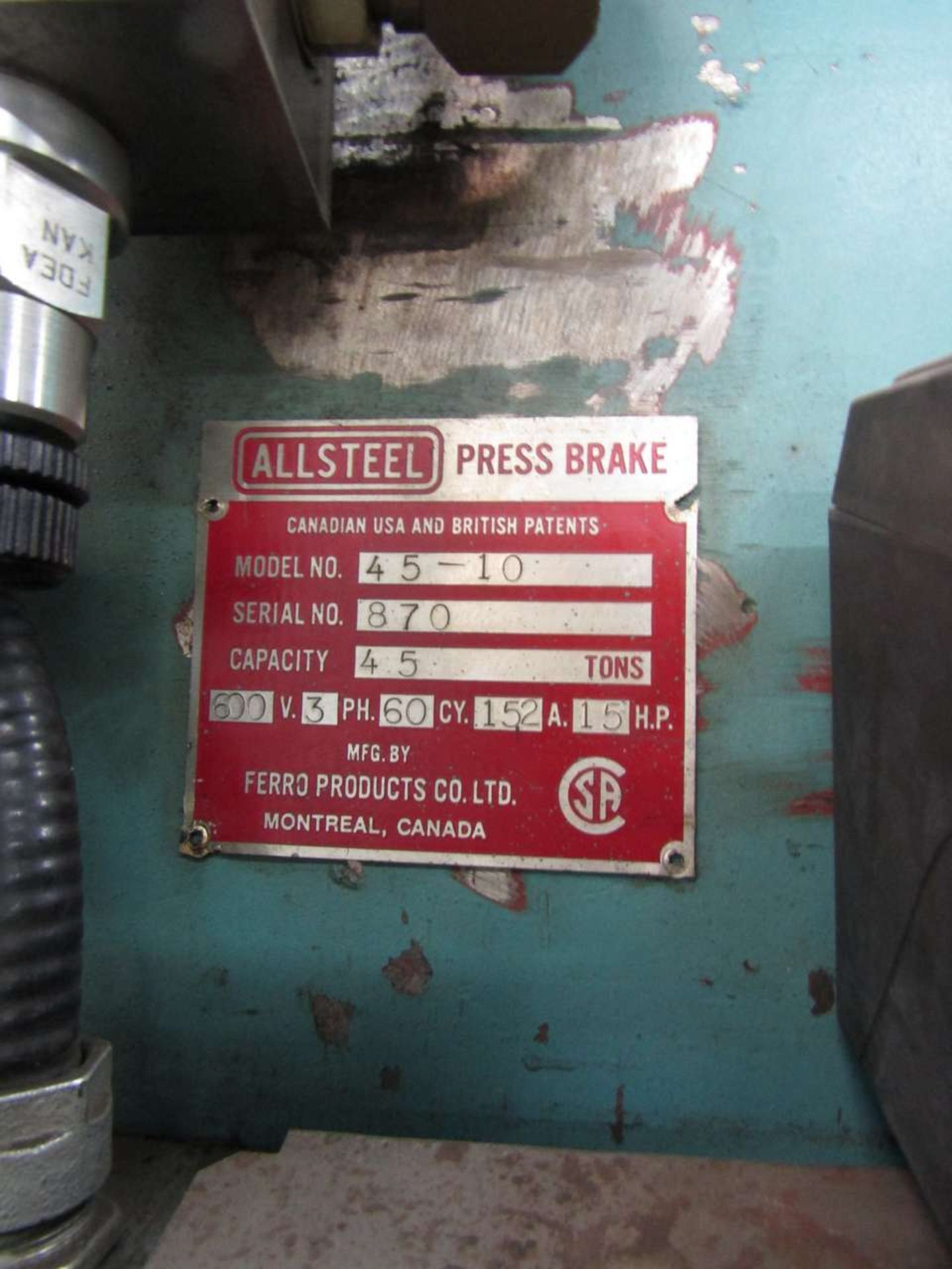 Alsteel 45T-10 45 Ton x 10 Hydraulic Press Brake, - Image 3 of 3