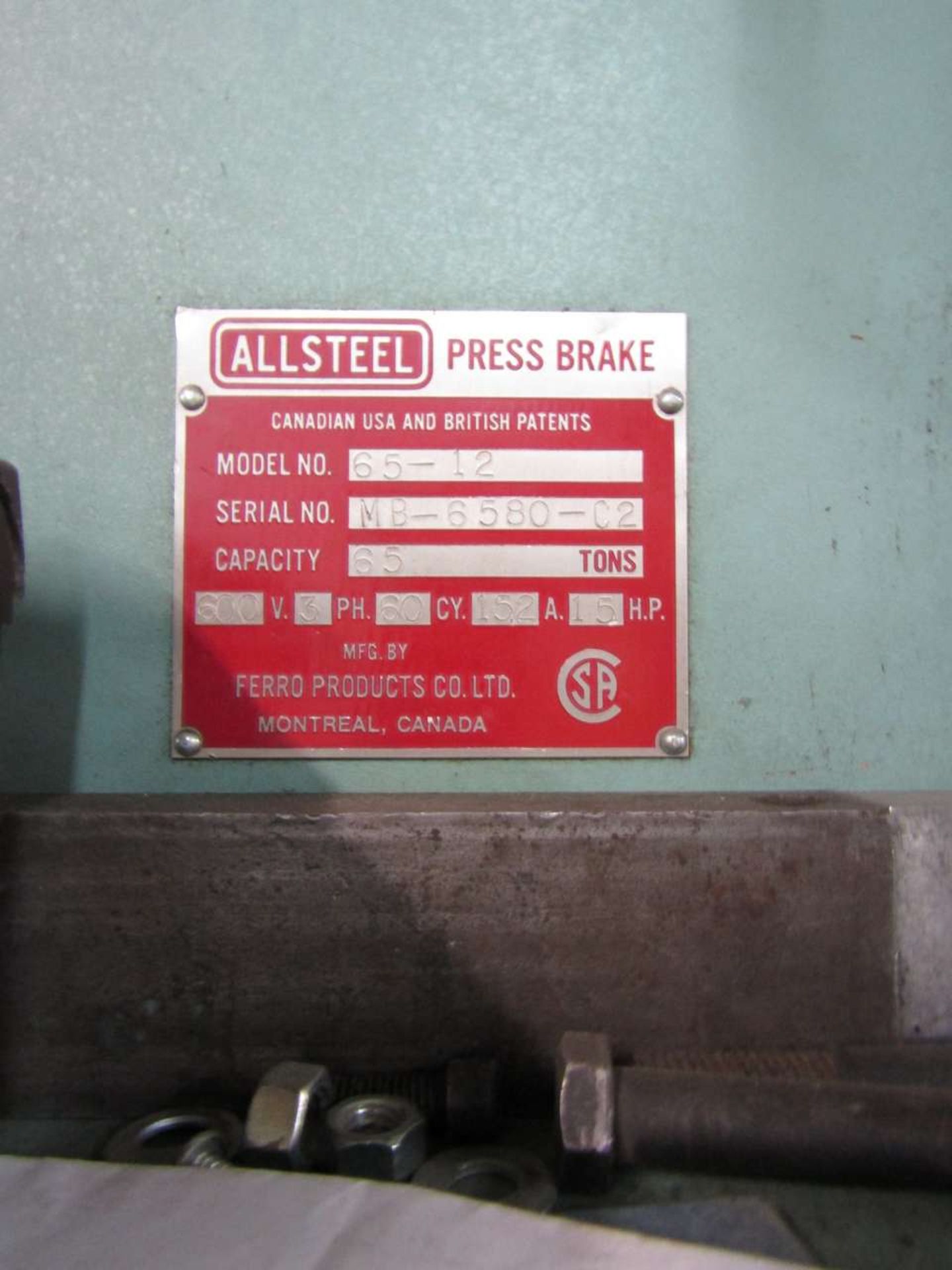 Alsteel 65T-12 65 Ton x 12' Hydraulic Press Brakes, - Image 3 of 3