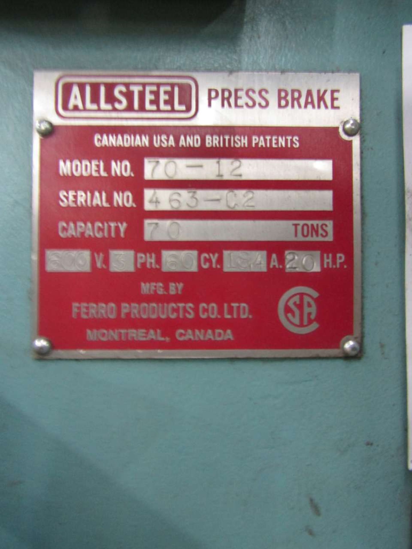 Allsteel 25903 70 Ton x 12' Hydraulic Press Brake, - Image 3 of 3