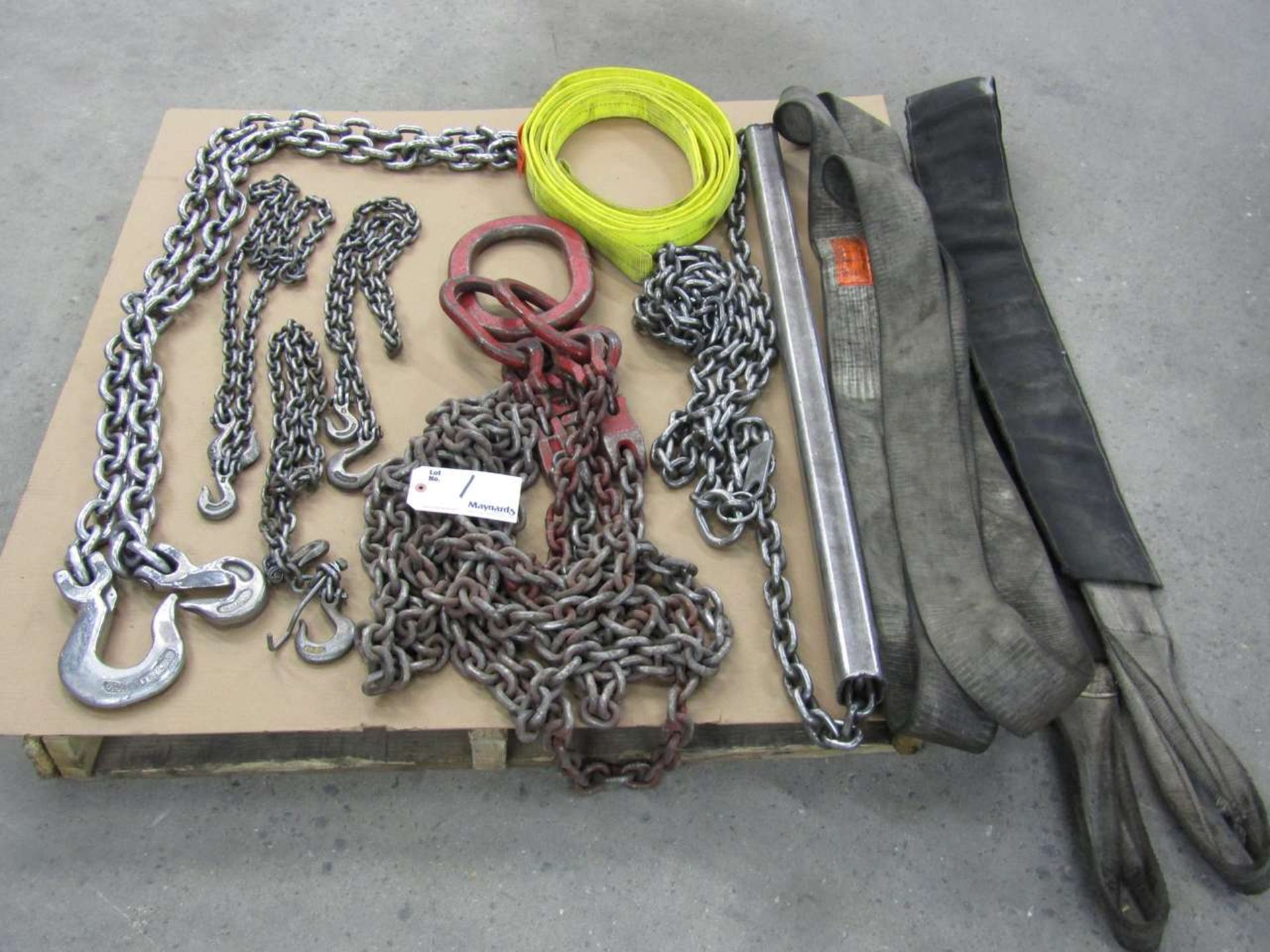 Assortment of Crane chains with Hooks. Straps