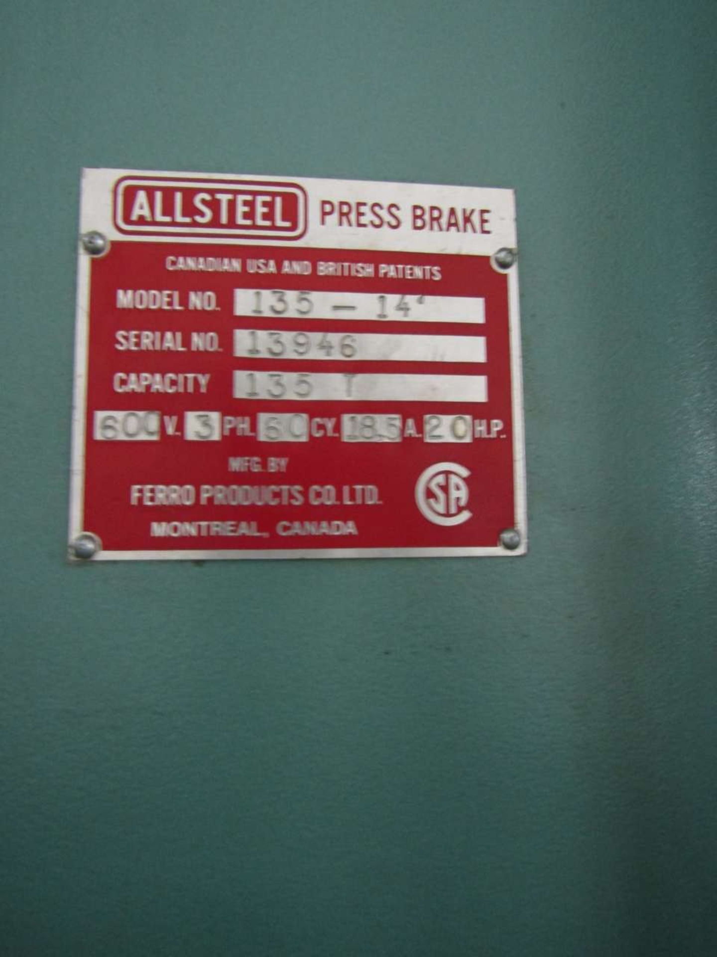 Allsteel 14' 135 Ton Press Brake - Image 4 of 4