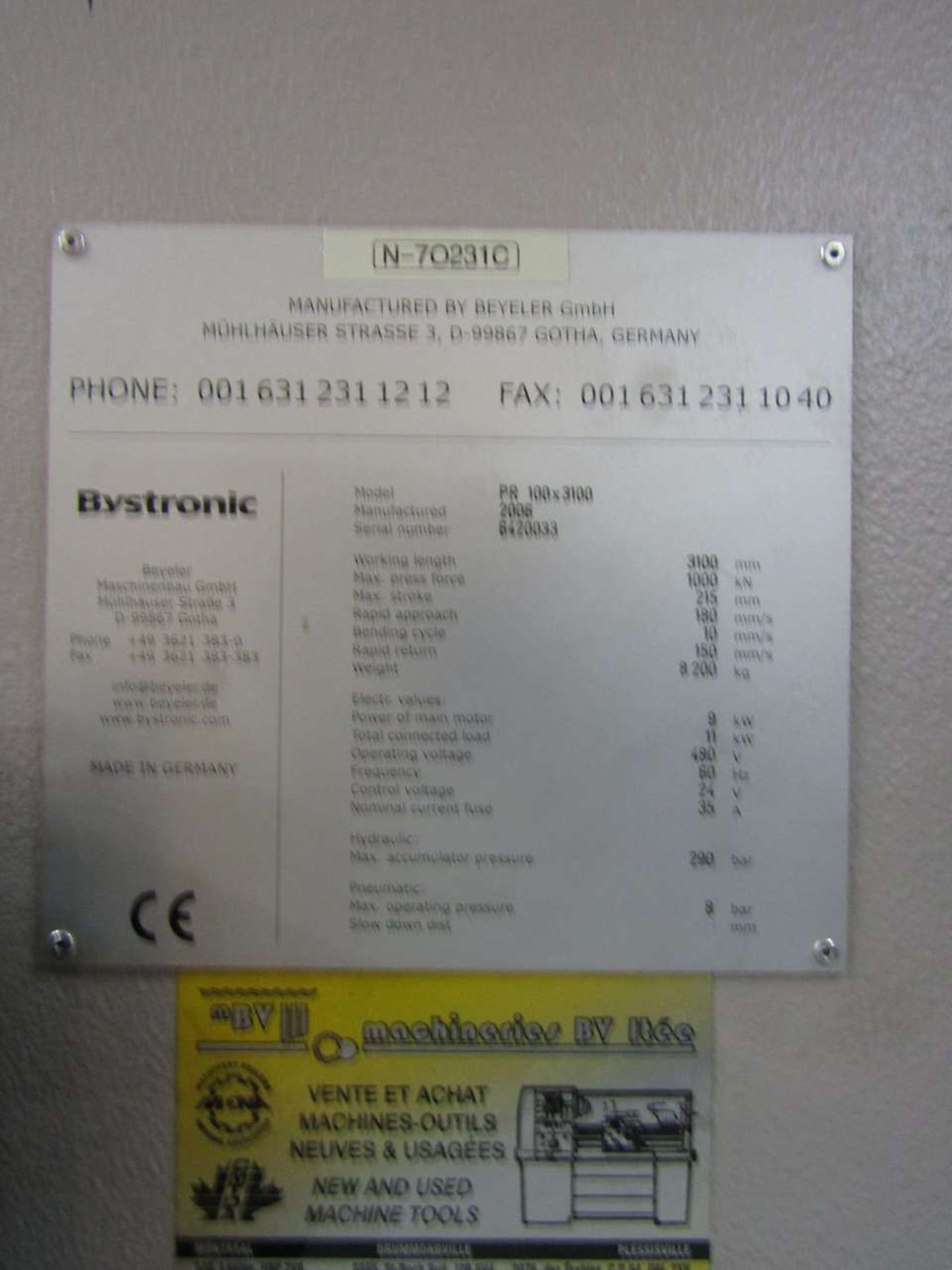 2006 Bystronic PR 100x3100 8+1-Axis CNC Press Brake, - Image 3 of 3