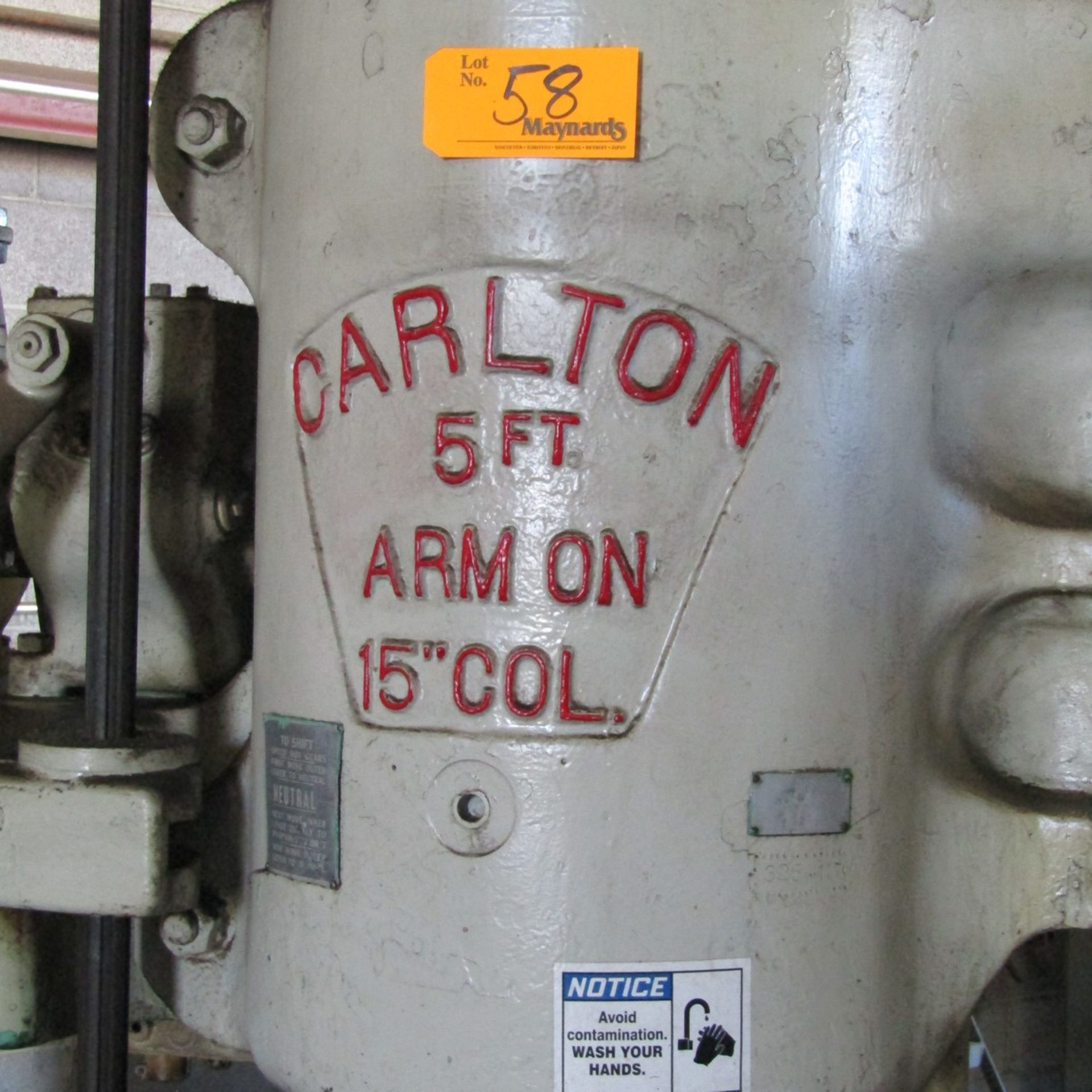 Carlton 5' x 15" Radial Arm Drill 15" Column, 5' Arm, 15 to 1500 RPM, 26" x 33" T-Slotted Box Table - Image 3 of 8