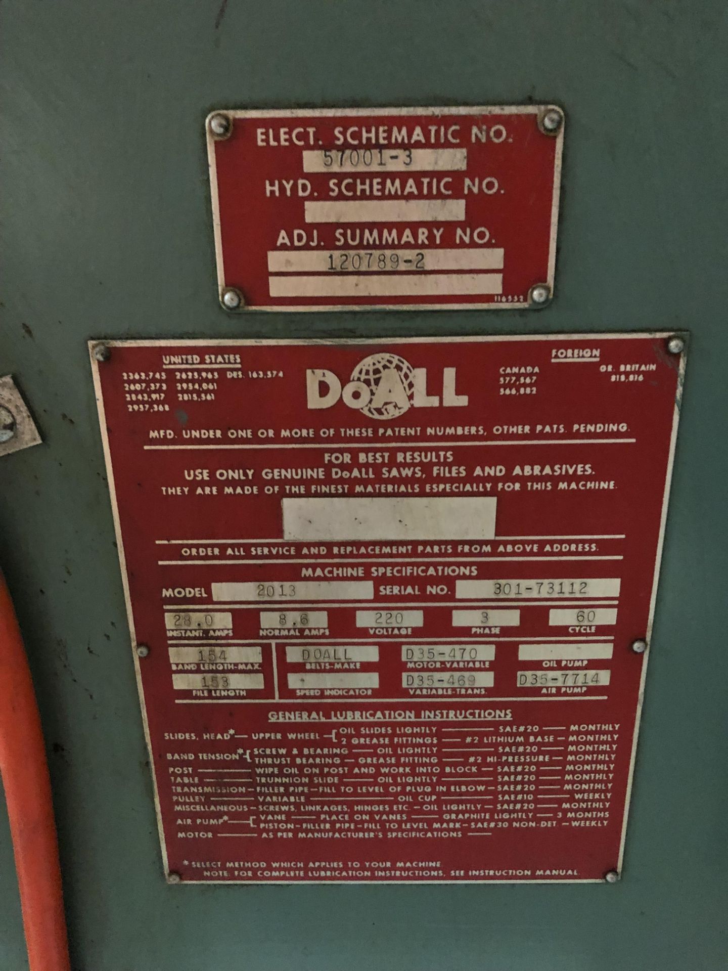 DoAll, Mdl: 2013 20" Vertical Bandsaw 154" Band Length, Model DBW-15 Blade Welder, 220 V, 3 Ph., - Image 3 of 5