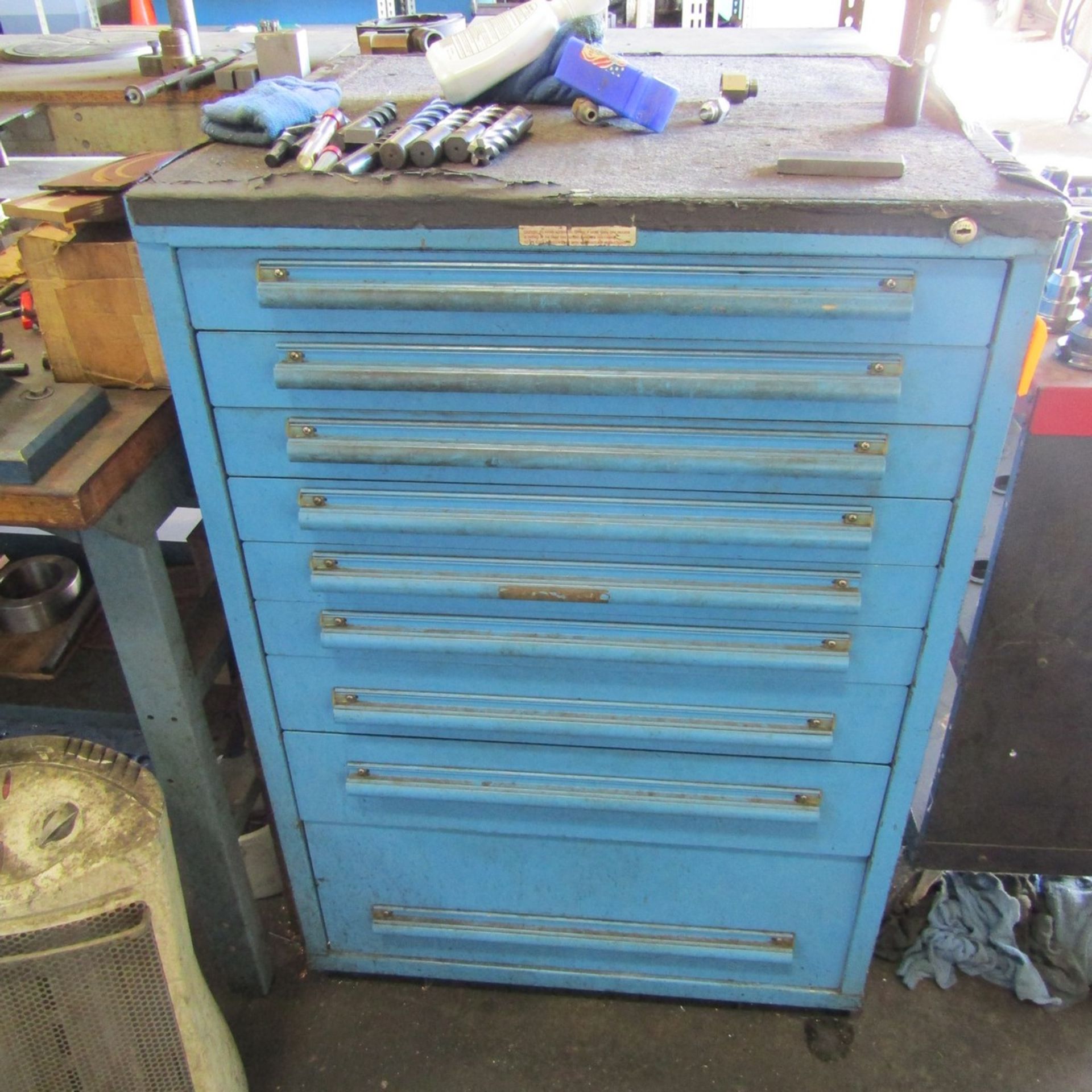 9-Drawer Heavy Duty Parts Cabinet with Contents to Include; Drill Bits, Cutter Bits, Bolts, Holders,
