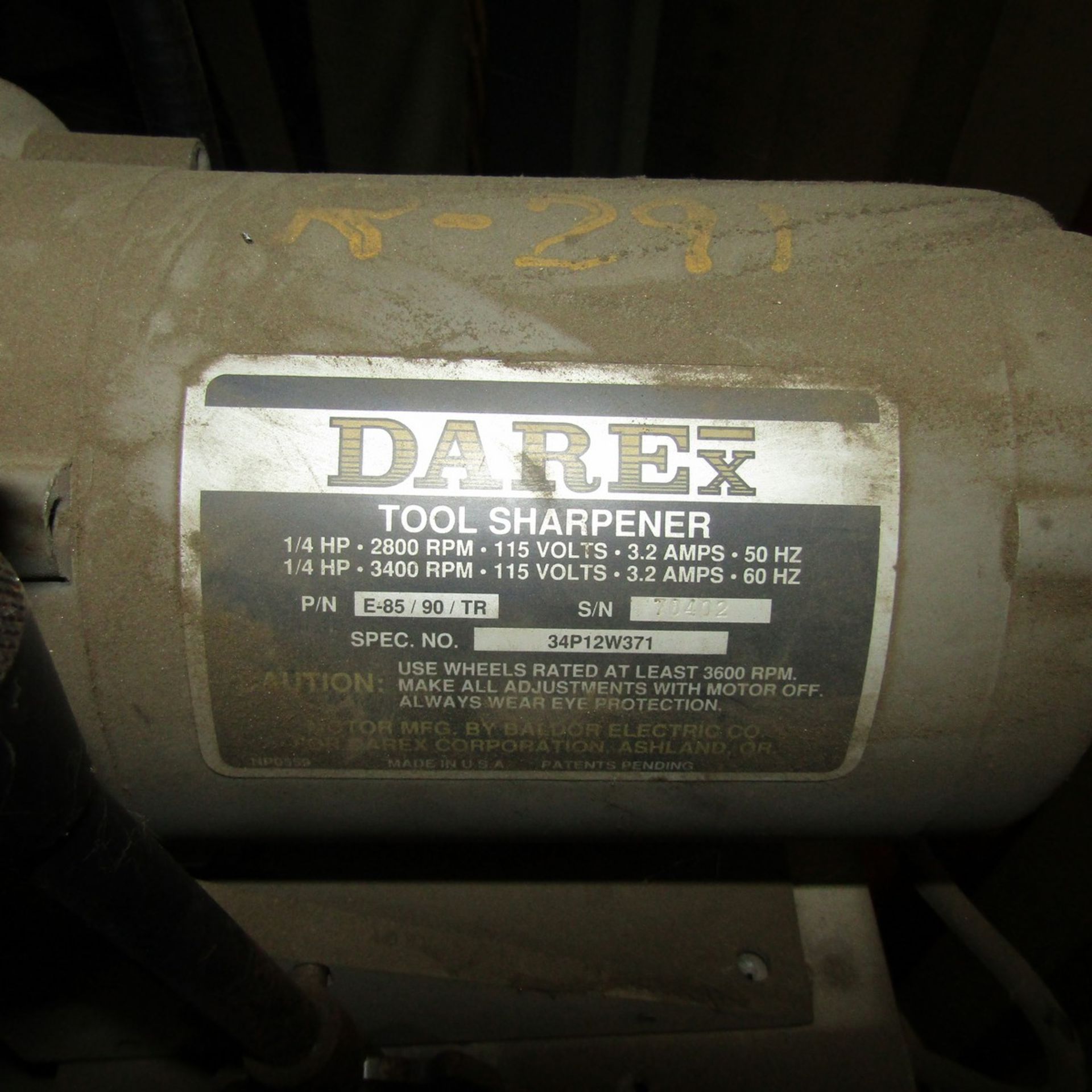 Darex Tool Sharpener 1/4 HP, 2800-3400 RPM, 50/60 Hz, 115 V, S/N: 76402 - Image 3 of 3