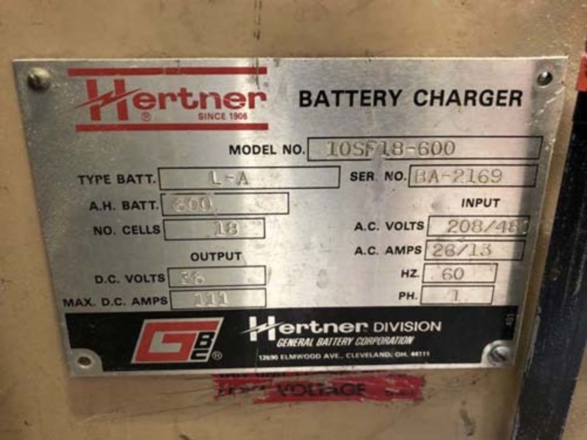 Hertner Battery Charger, 36 Volt, Mdl: 10SF18-600, S/N: BA-2169, Located In: Huntington Park, CA - Image 2 of 2