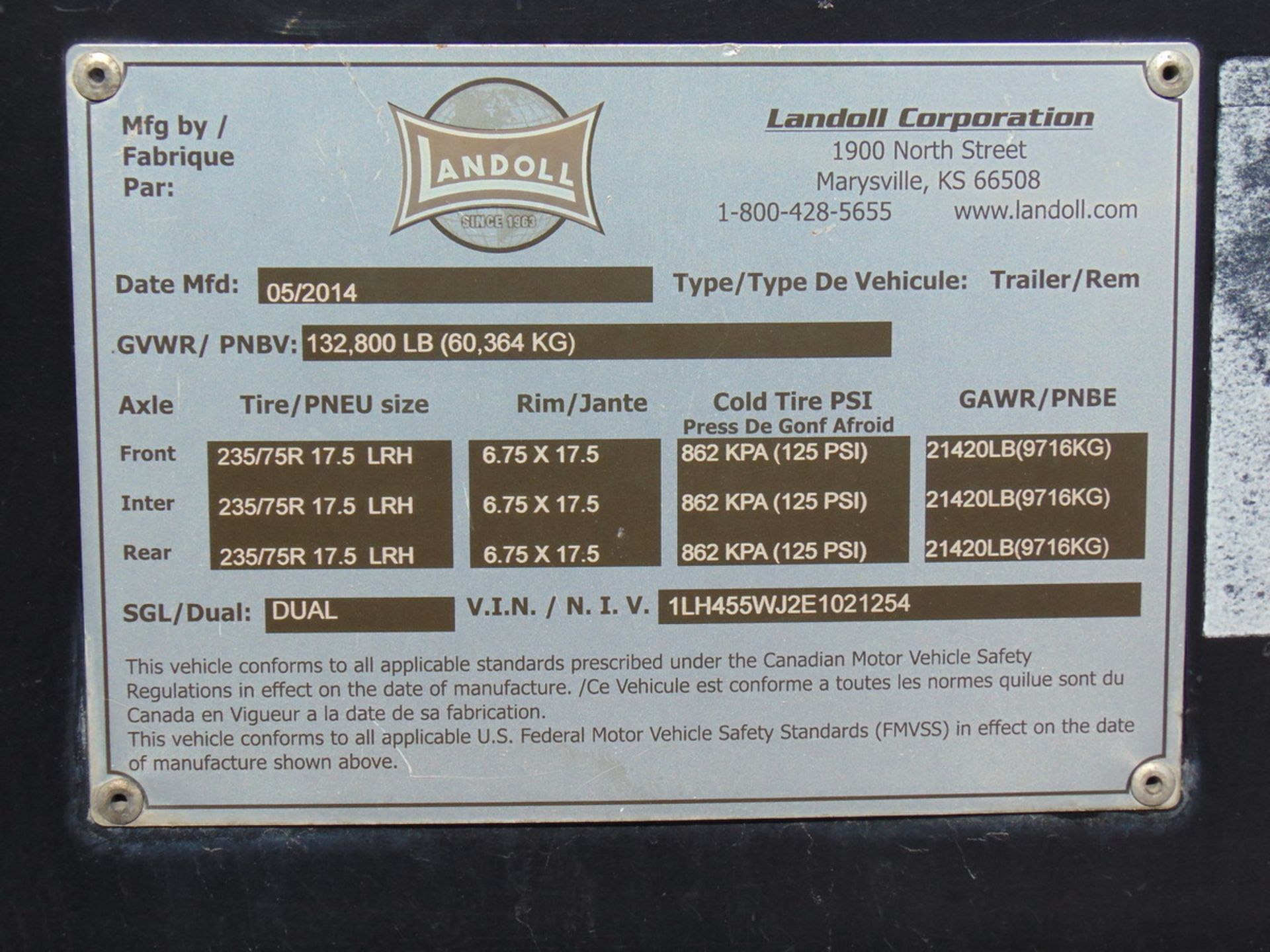 2014 Landoll 455 53' Tri/A Traveling Axle Trailer Air Ride Suspension, GVWR = 132,800 Lbs., Vin: - Image 10 of 10