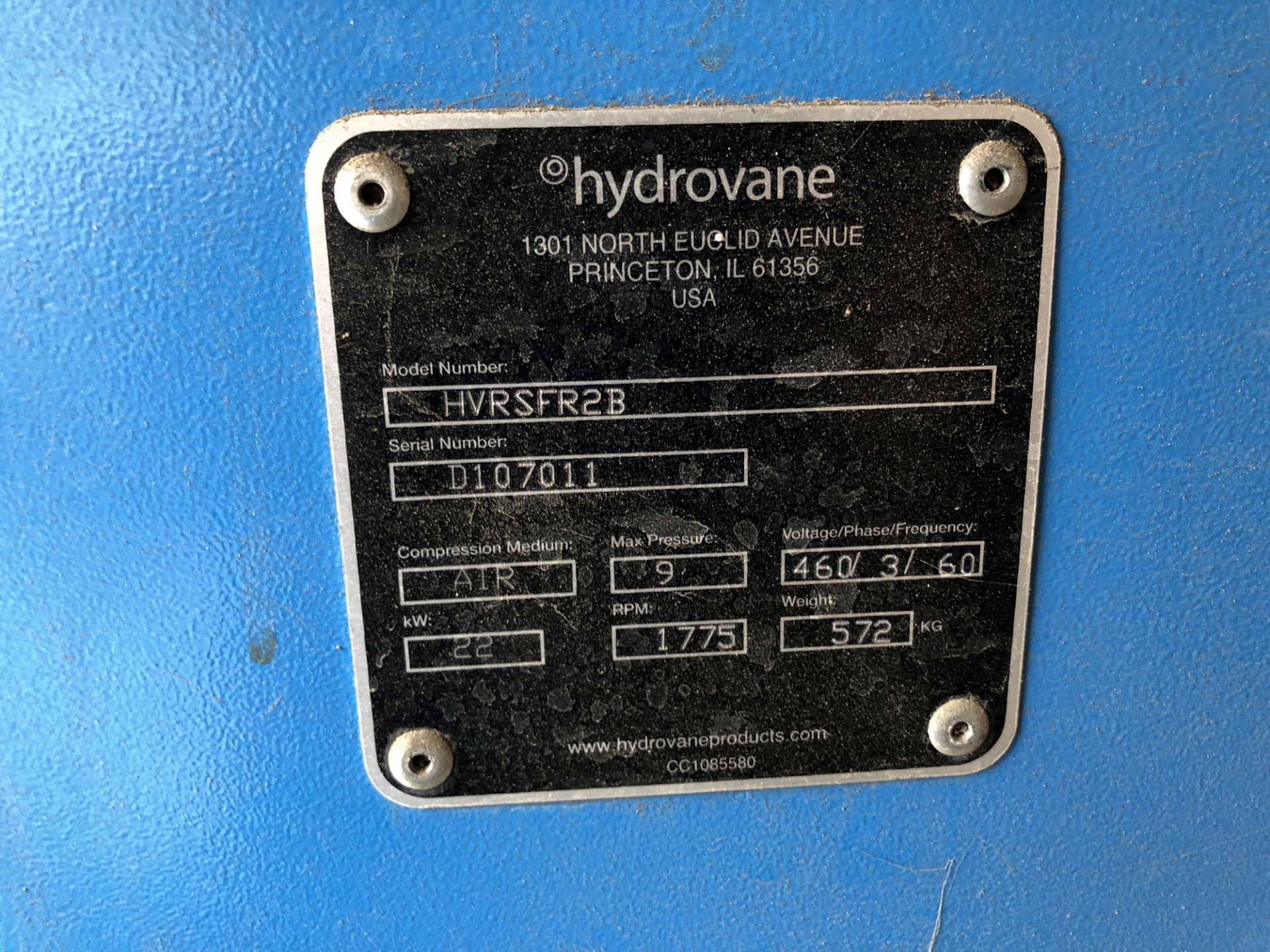 Hydrovane HV22RS 30 HP Air Compressor, Model HVRSFR2B, 460 V, 3 Ph, 60 Frequency, S/N D107011 - Image 3 of 3