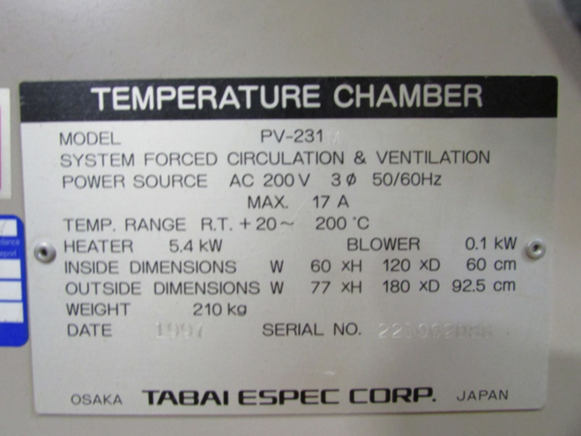 1997 Espec Environmental Testing Chamber, 60 CM x 120 CM x 60 CM, Mdl: PV-231M, S/N: 221002086, - Image 8 of 8