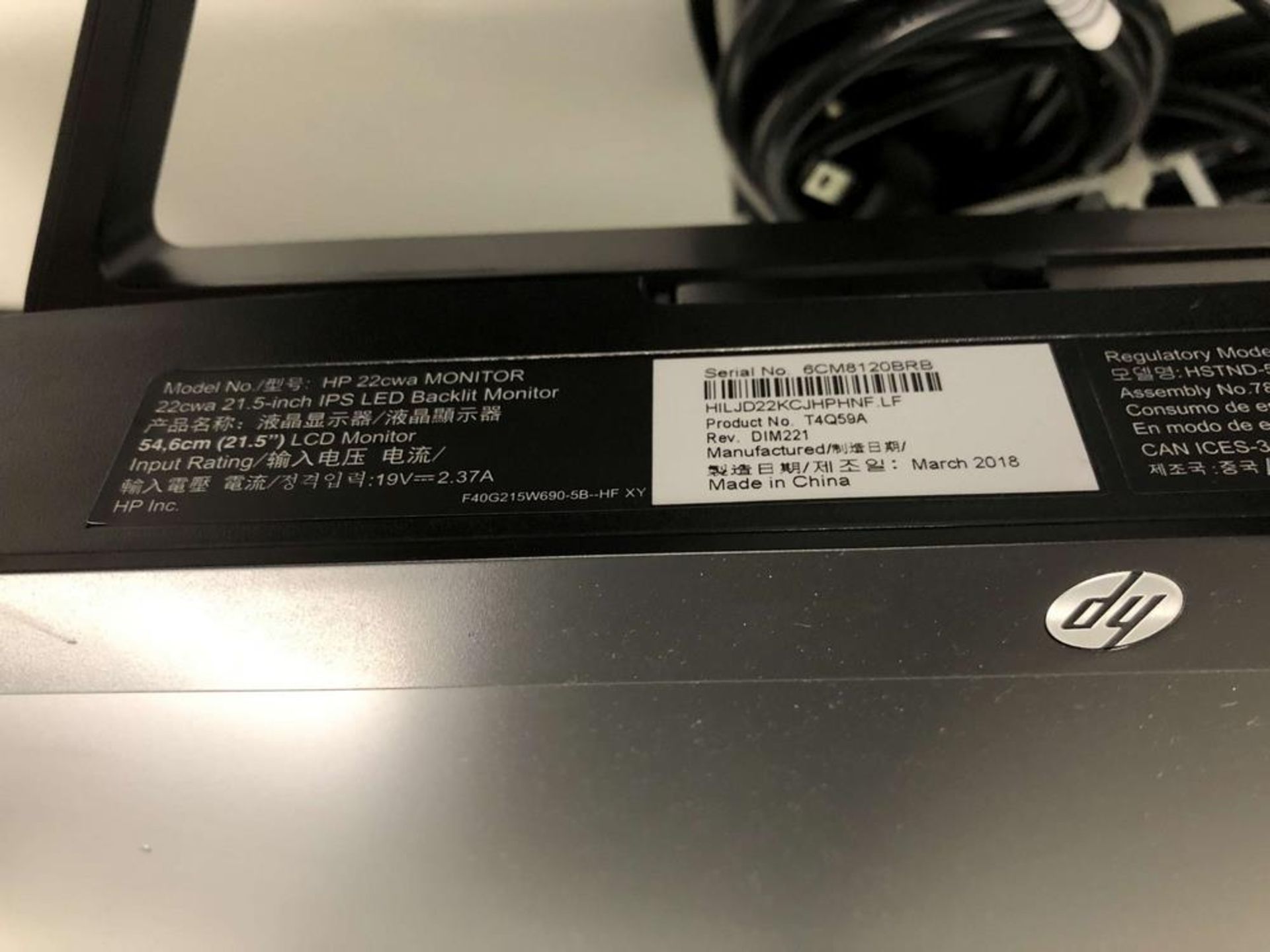 HP 21.5" IPS LED-Backlight LCD Monitor (Model 22cwa) - Image 2 of 2