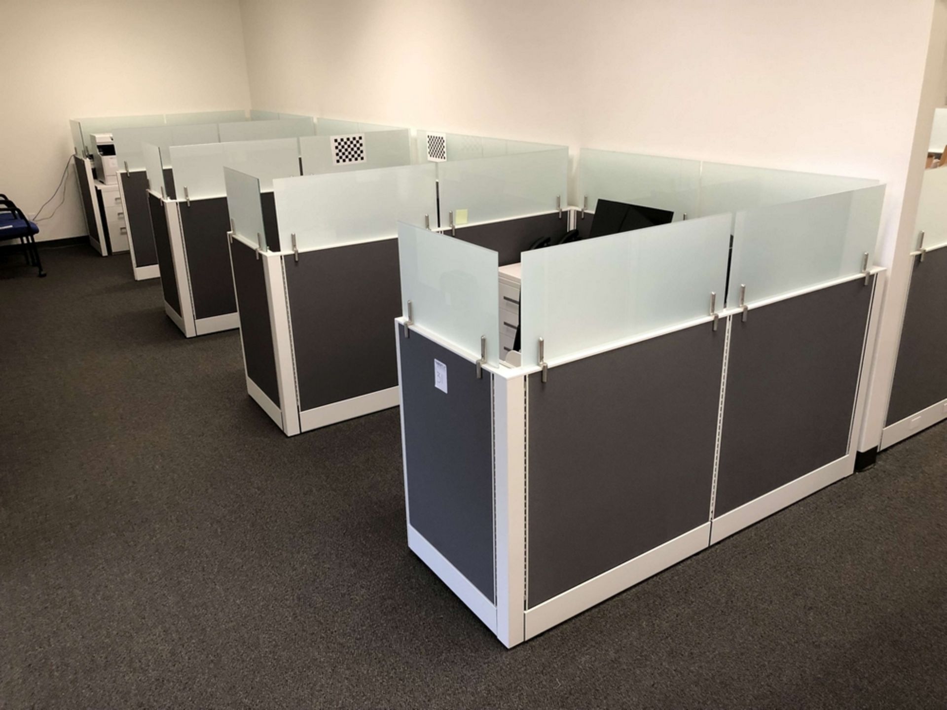 (12) Station Cubicles, w/ Desk & 3-Drawer Lockable Cabinets (All Keys Available)