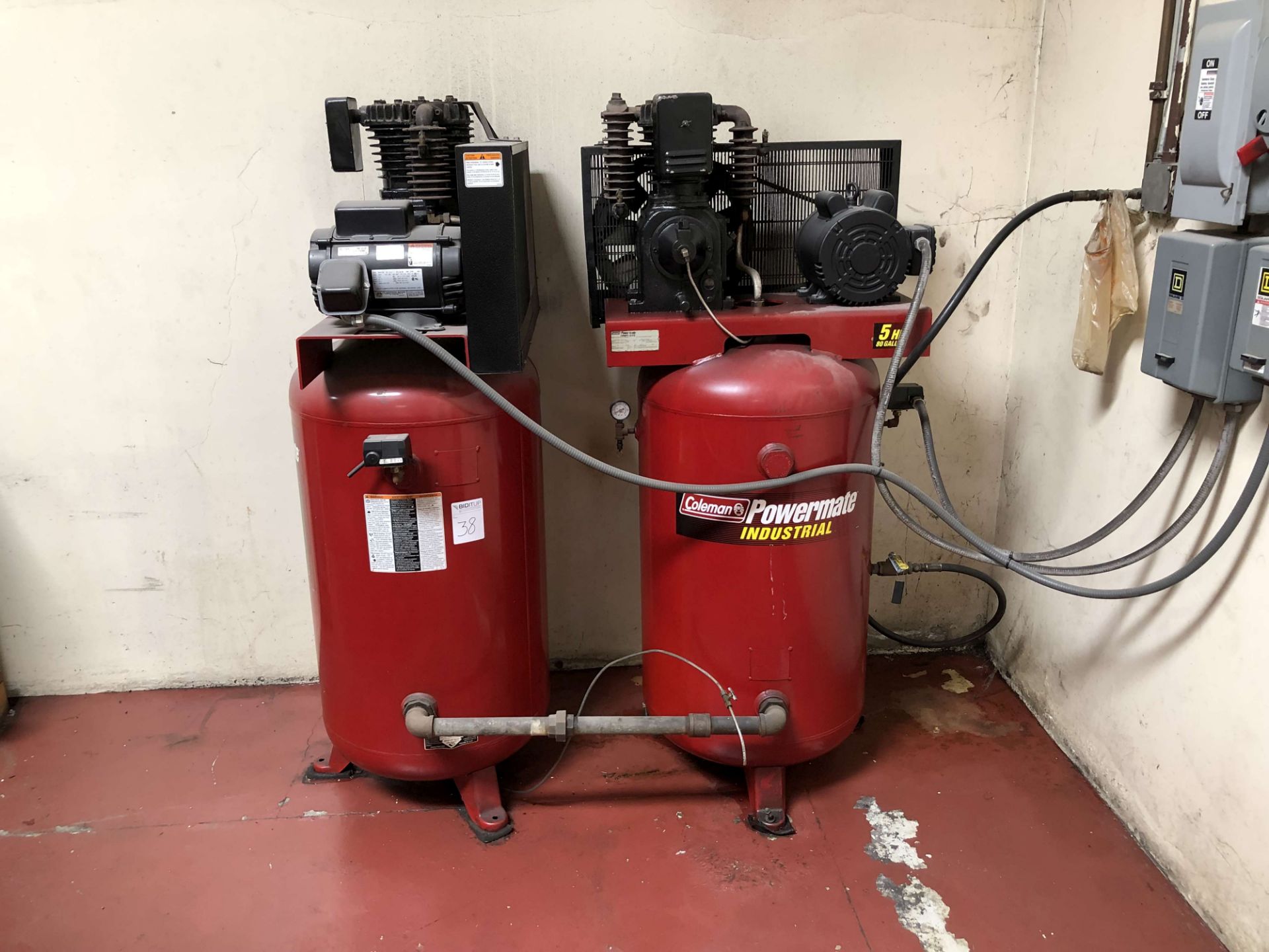 (2) Coleman Powermate 5 HP Air Compressors, 80 Gallon Vertical Tank, S/N T3185013 & S2165967