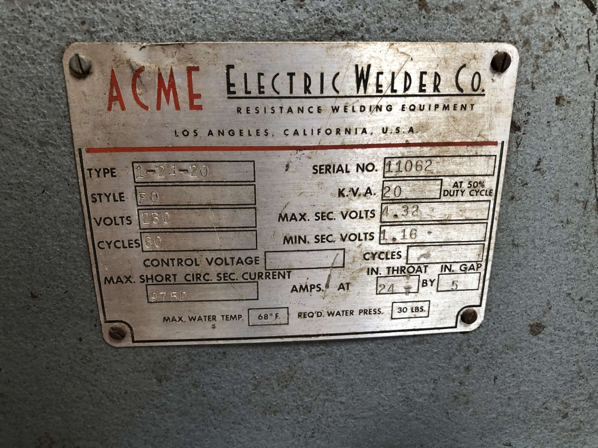 Acme 20 KVA Spot Welder, Type 1-24-20, 24" Throat, 5" Gap, S/N 11062 - Image 5 of 5