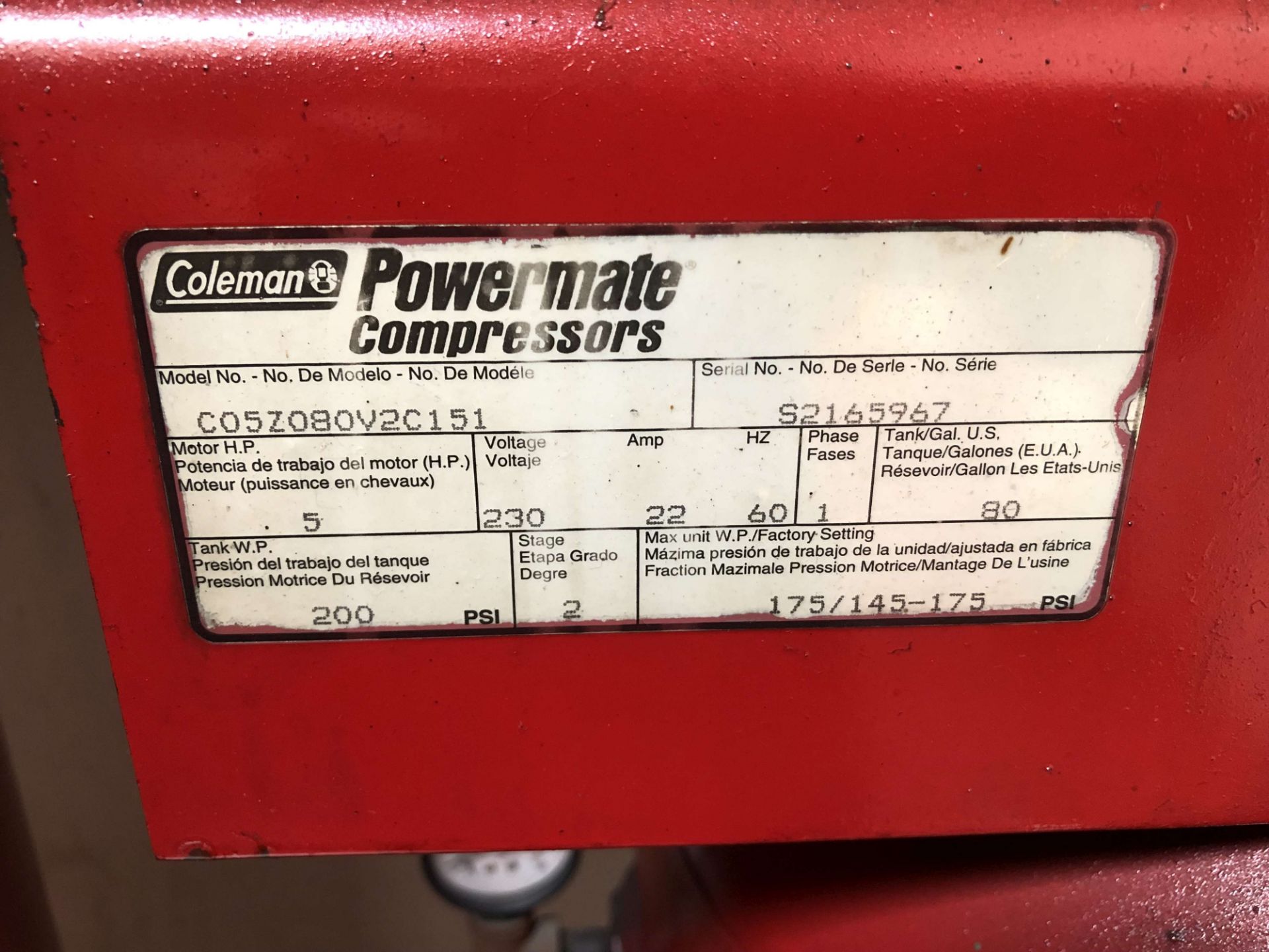 (2) Coleman Powermate 5 HP Air Compressors, 80 Gallon Vertical Tank, S/N T3185013 & S2165967 - Image 4 of 4