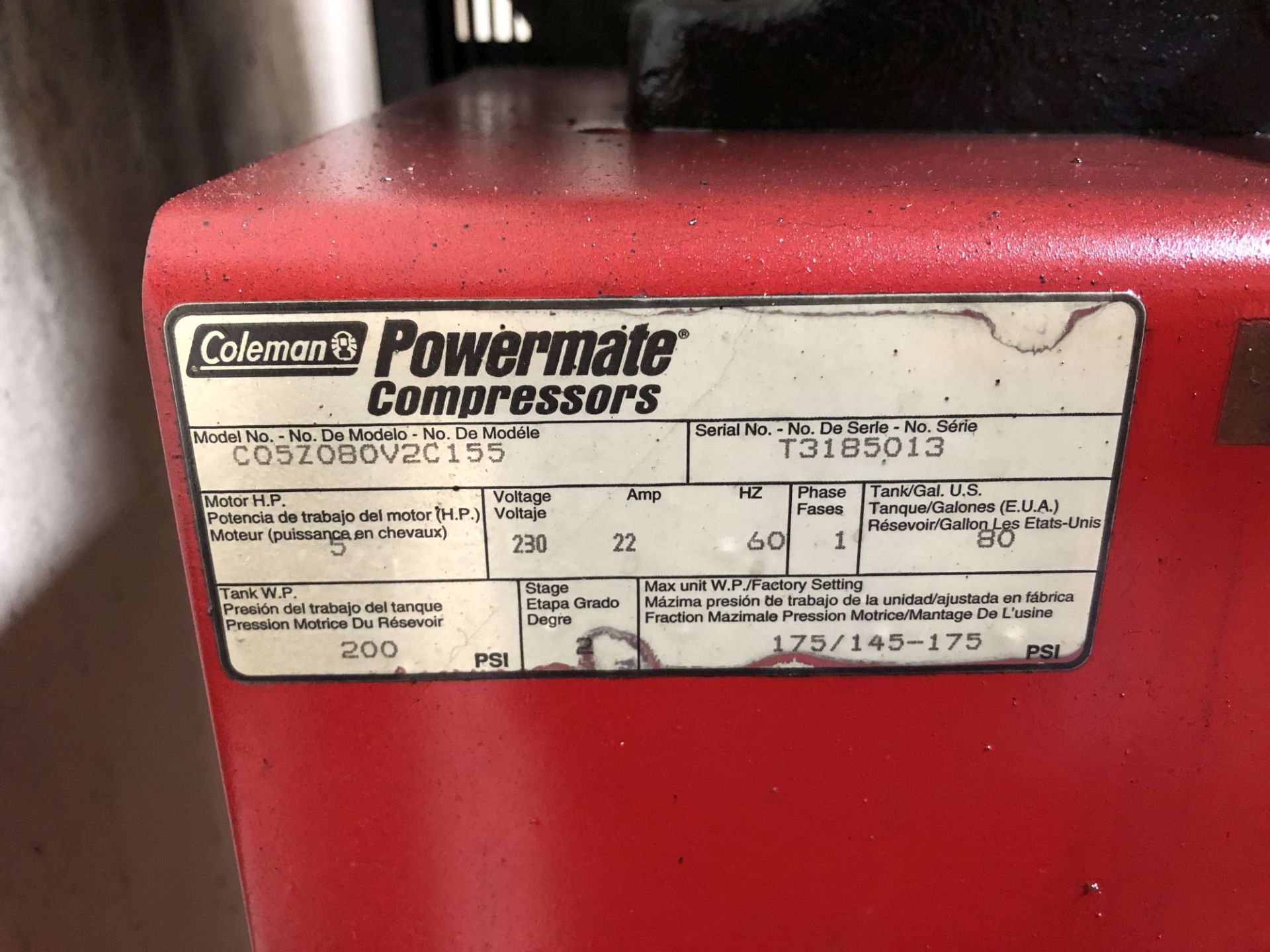 (2) Coleman Powermate 5 HP Air Compressors, 80 Gallon Vertical Tank, S/N T3185013 & S2165967 - Image 3 of 4