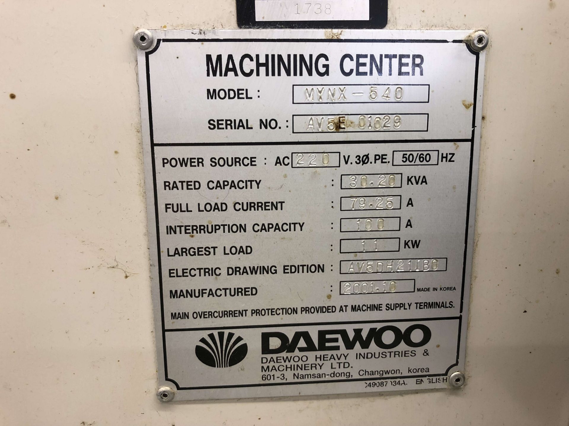 2001 Daewoo Mynx 540 Vertical Machining Center, X=40”, Y=20”, Z=24.61”, 8000 RPM, 40 Taper, 19-5/ - Image 9 of 9