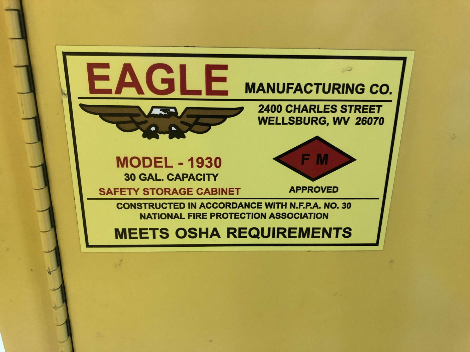 Eagle Self-Closing Safety Storage Cabinet (43" W x 18" D x 44" H), Model 1930, 30 Gallon Cap. [ - Image 3 of 3