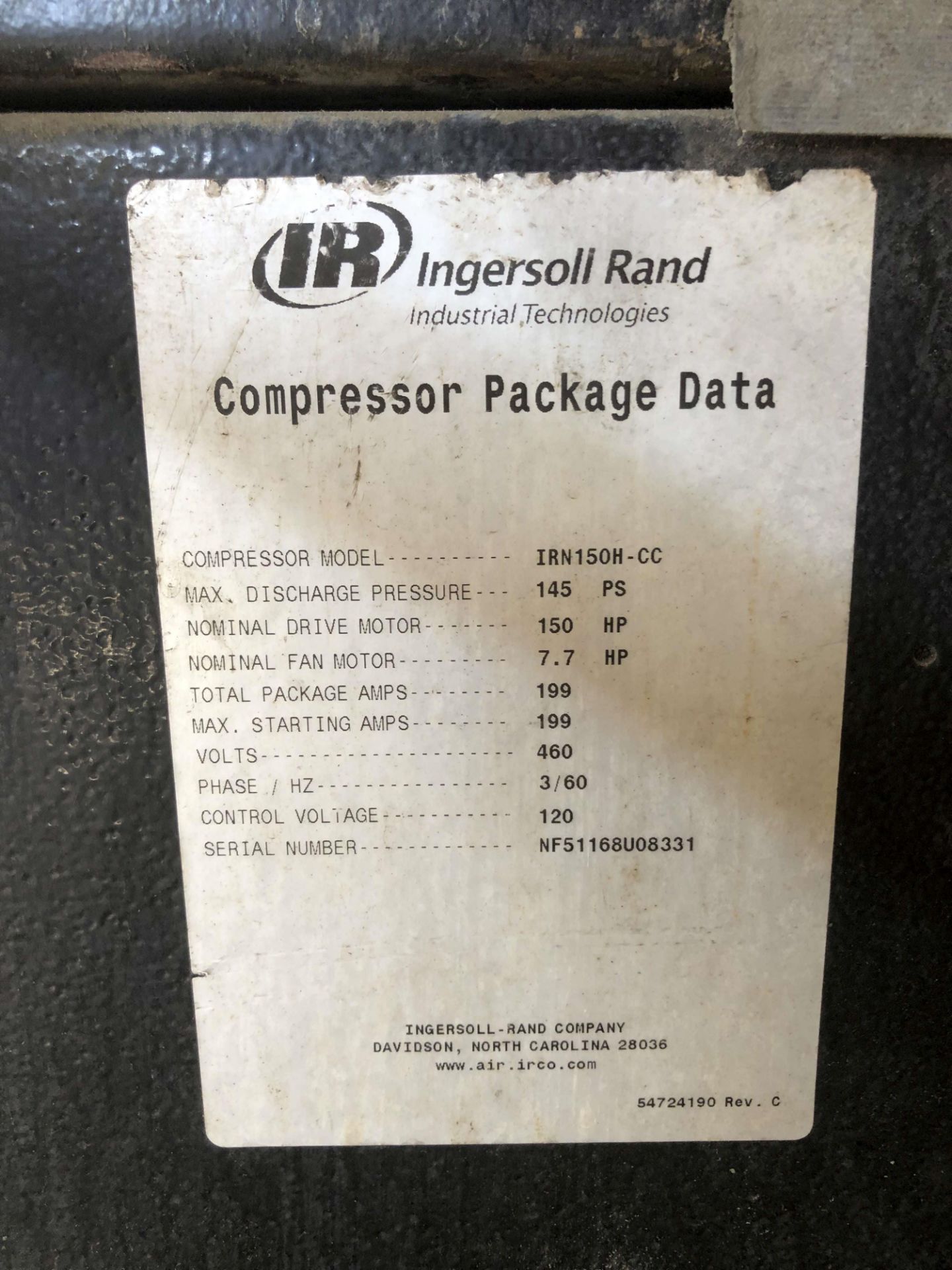 Ingersoll Rand 150 HP Air Compressor, Model IRN150H-CC, S/N NF51168U08331 [Located @ 1700 Business - Image 4 of 6