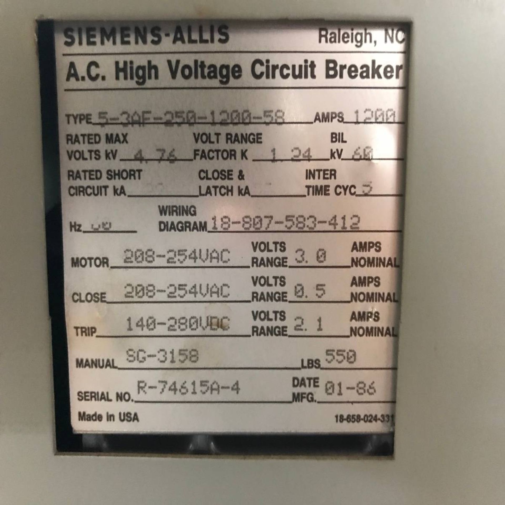 1986 Siemens-Allis 5-3AF-250-1200-58 AC High Voltage Circuit Breaker - Image 3 of 3