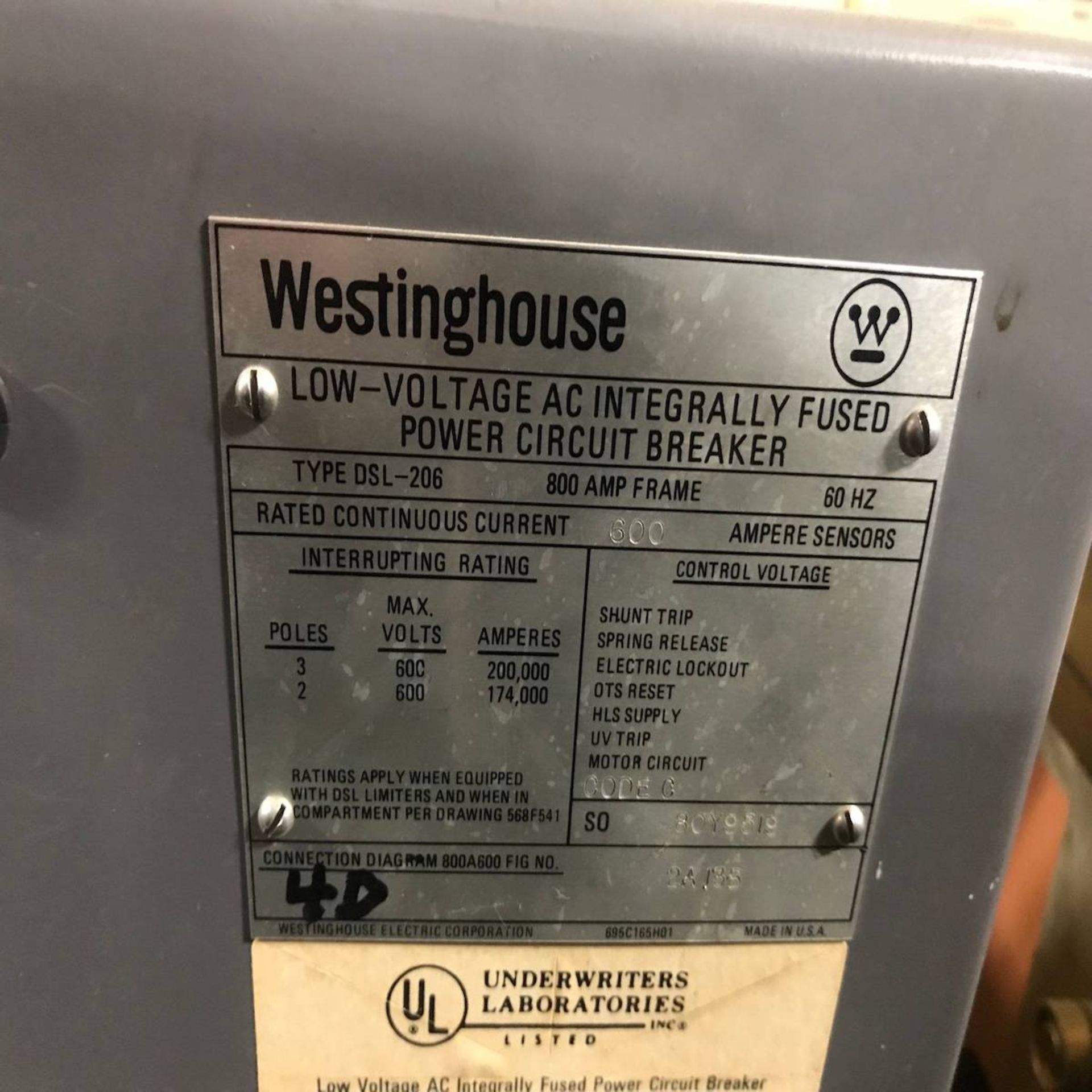 Westinghouse DSL-206 Low Voltage AC Integrally Fused Power Circuit Breaker - Image 3 of 4