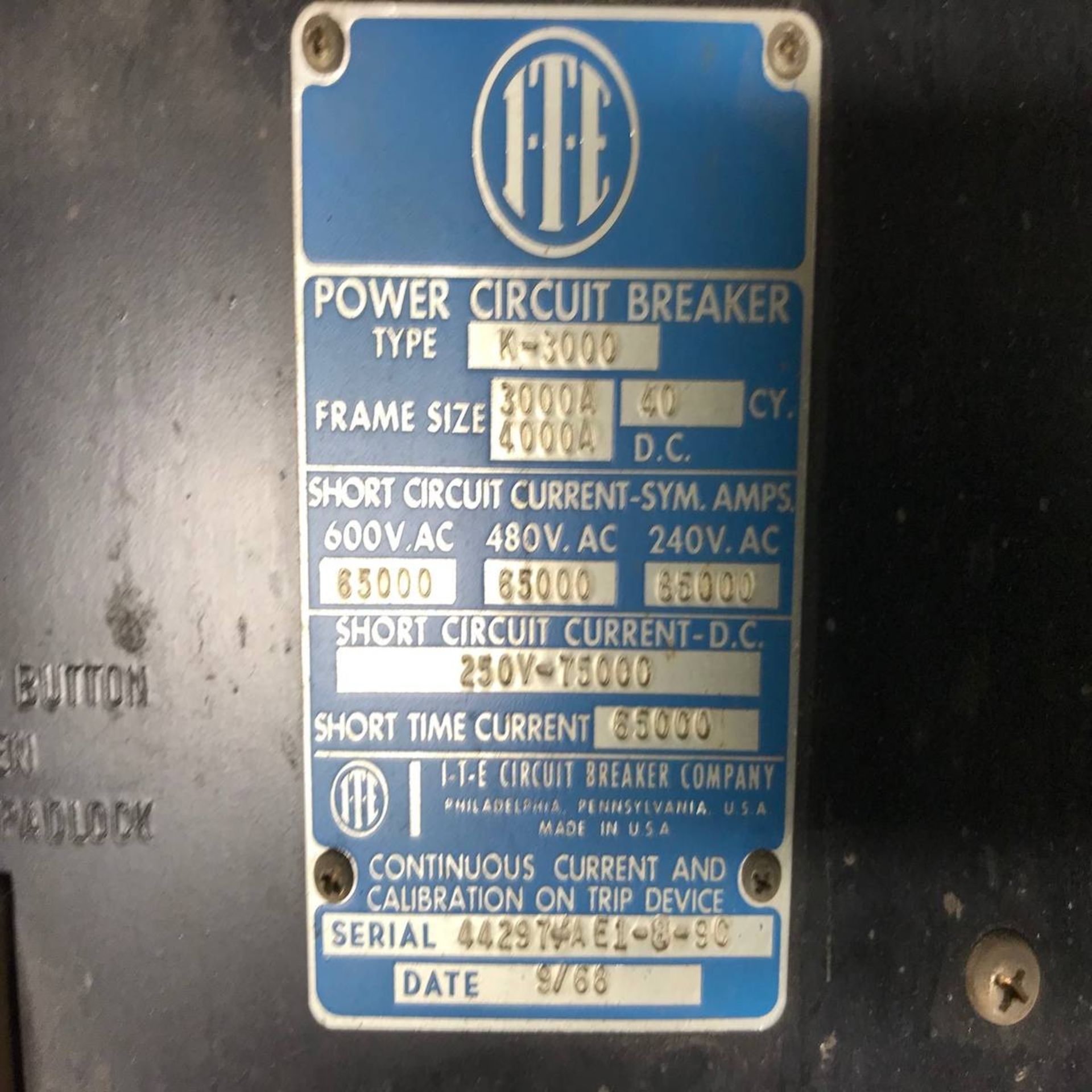 1968 ITE K-3000 Power Circuit Breaker - Image 2 of 2