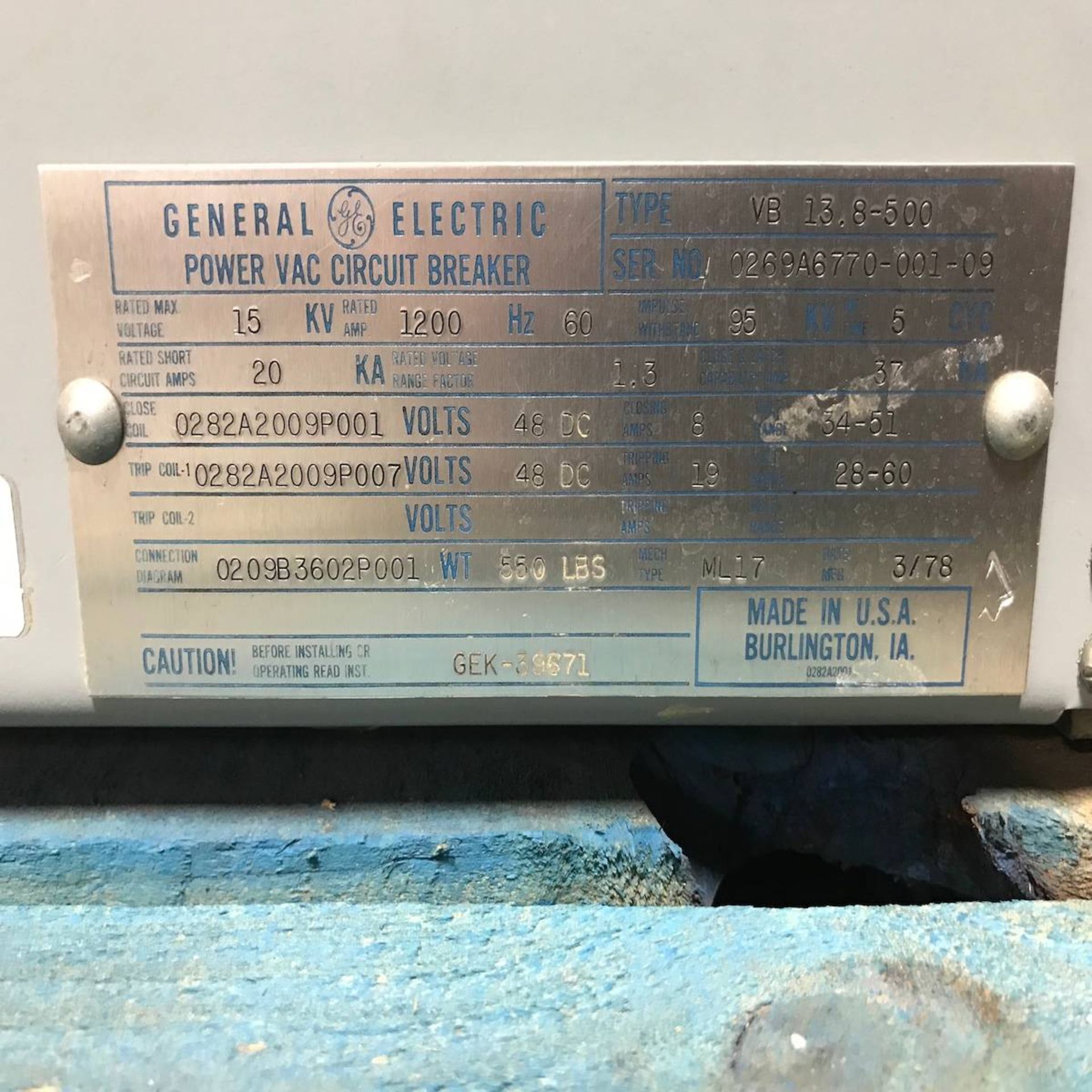 General Electric VB 13.8-500 Power Vac Circuit Breaker - Image 3 of 3