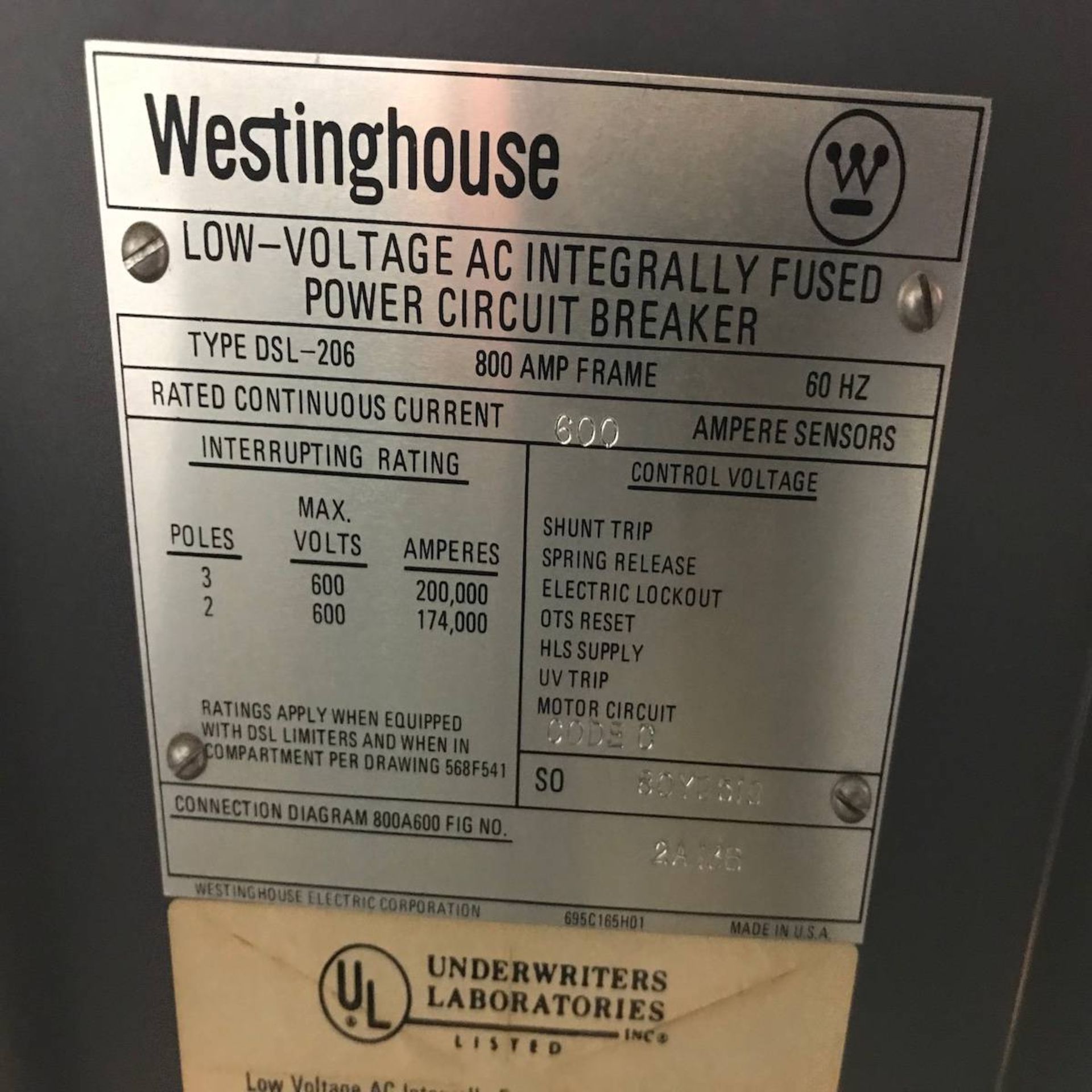 Westinghouse DSL-206 Low Voltage AC Integrally Fused Power Circuit Breaker - Image 4 of 4