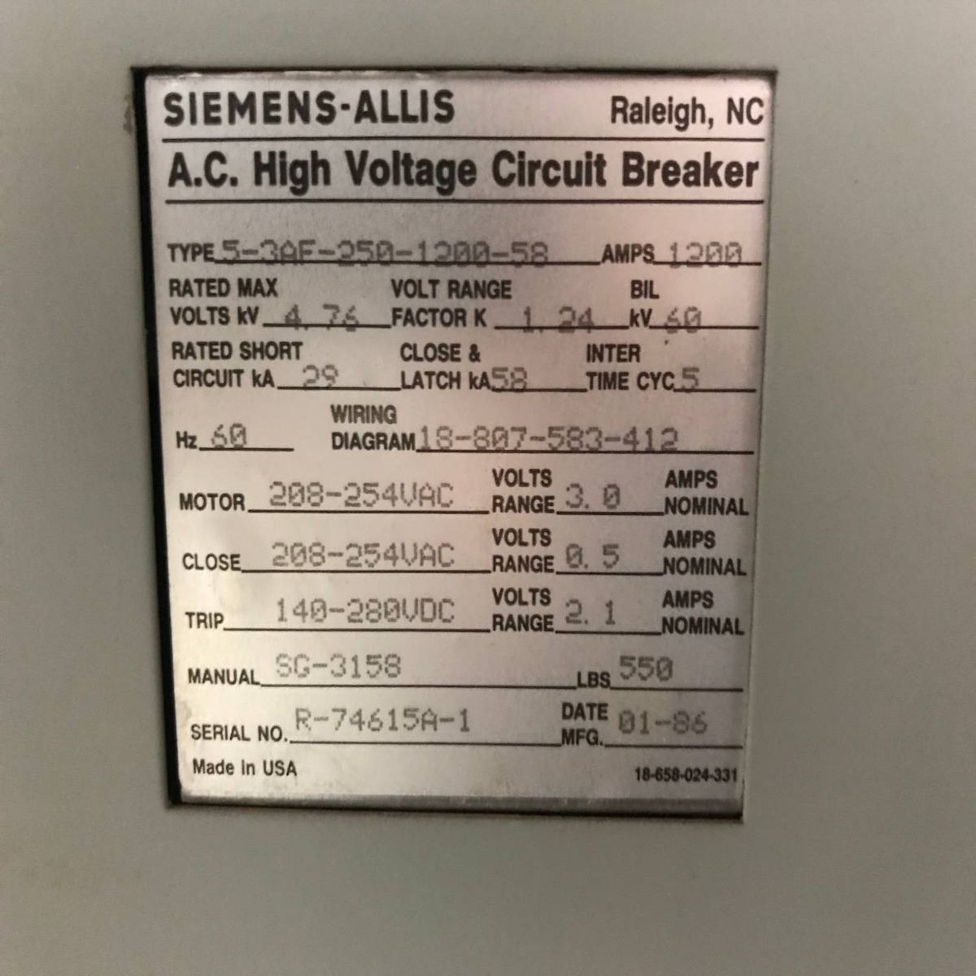 1986 Siemens-Allis 5-3AF-250-1200-58 AC High Voltage Circuit Breaker - Image 3 of 3