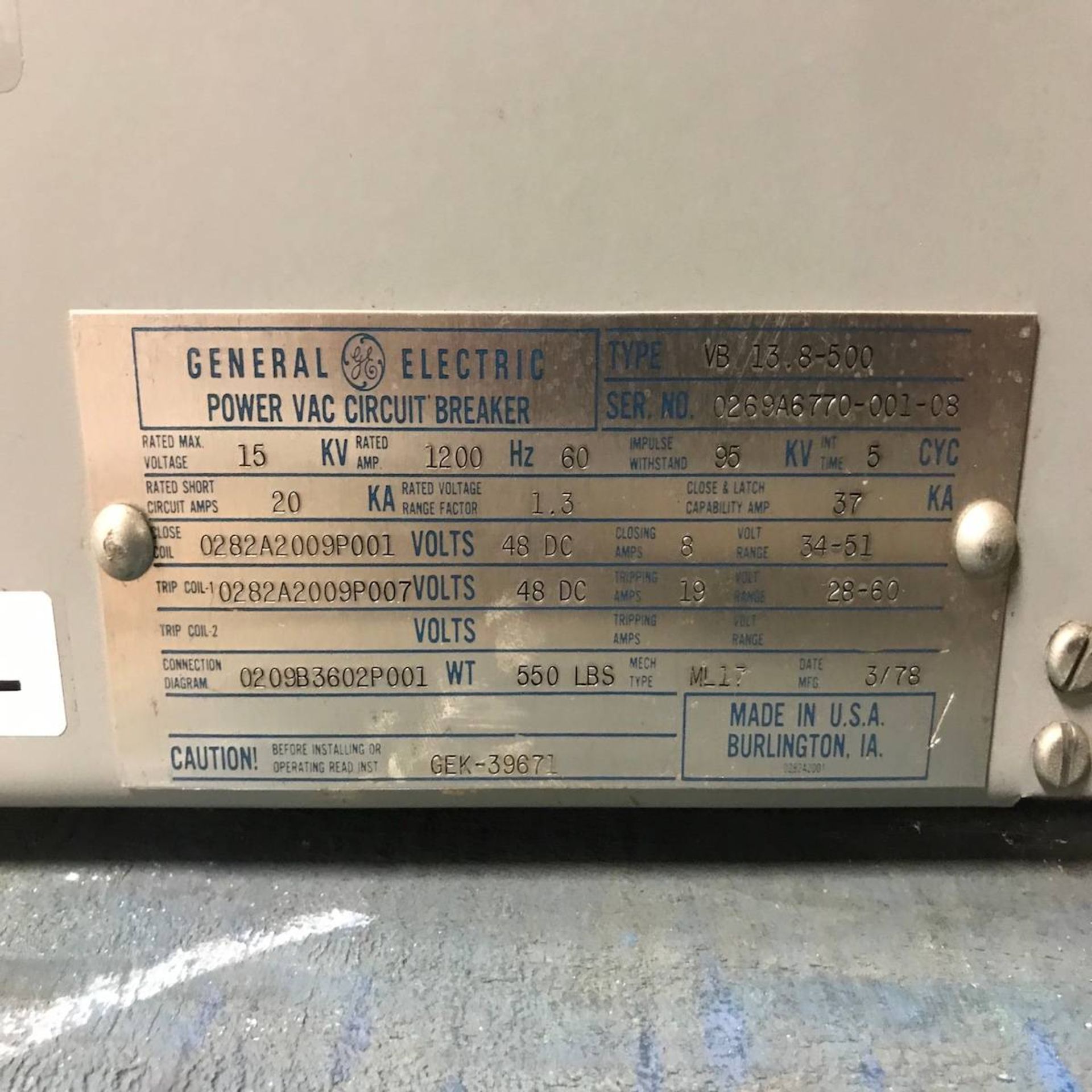 General Electric VB 13.8-500 Power Vac Circuit Breaker - Image 3 of 3