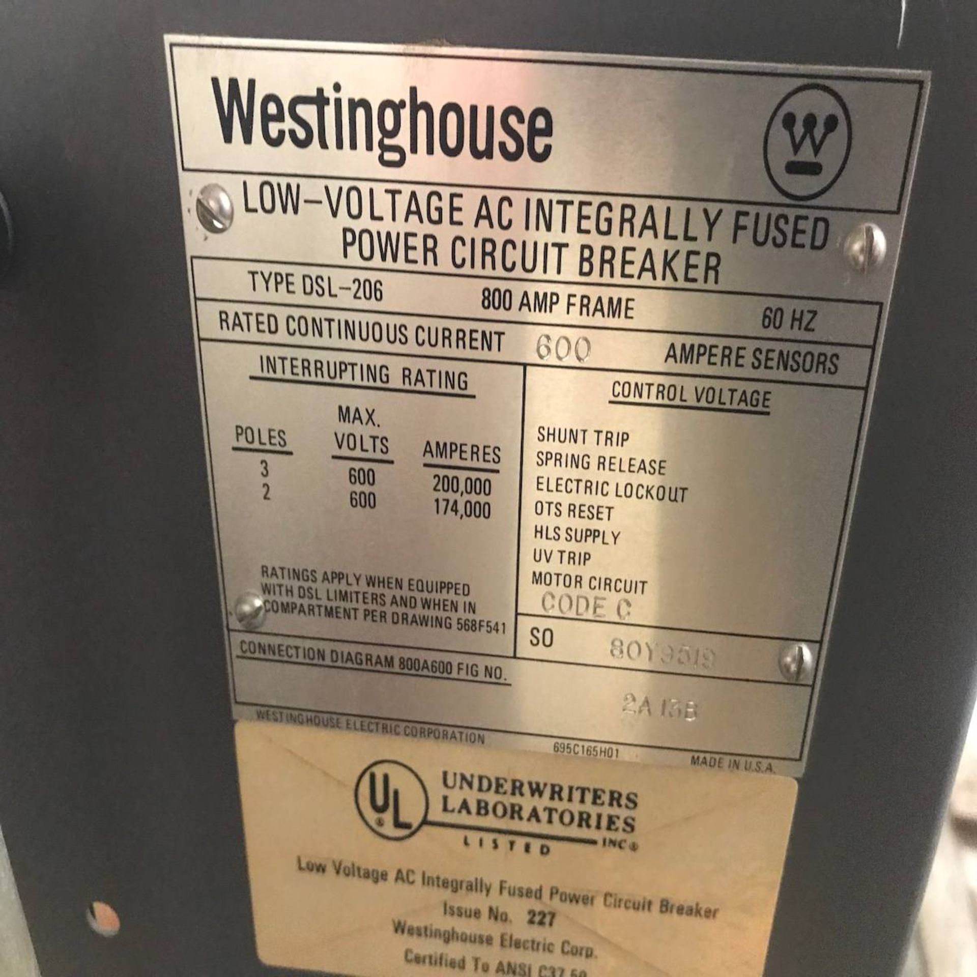 Westinghouse DSL-206 Low Voltage AC Integrally Fused Power Circuit Breaker - Image 4 of 4