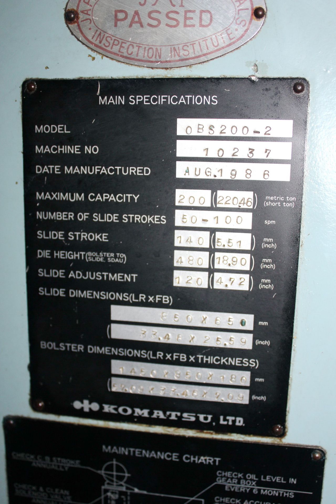 1986 Komatsu Gap Frame Single Crank Punch Press | 220 Ton x 57" x 33", Mdl: OBS200-2, S/N: 10237 - - Image 20 of 21