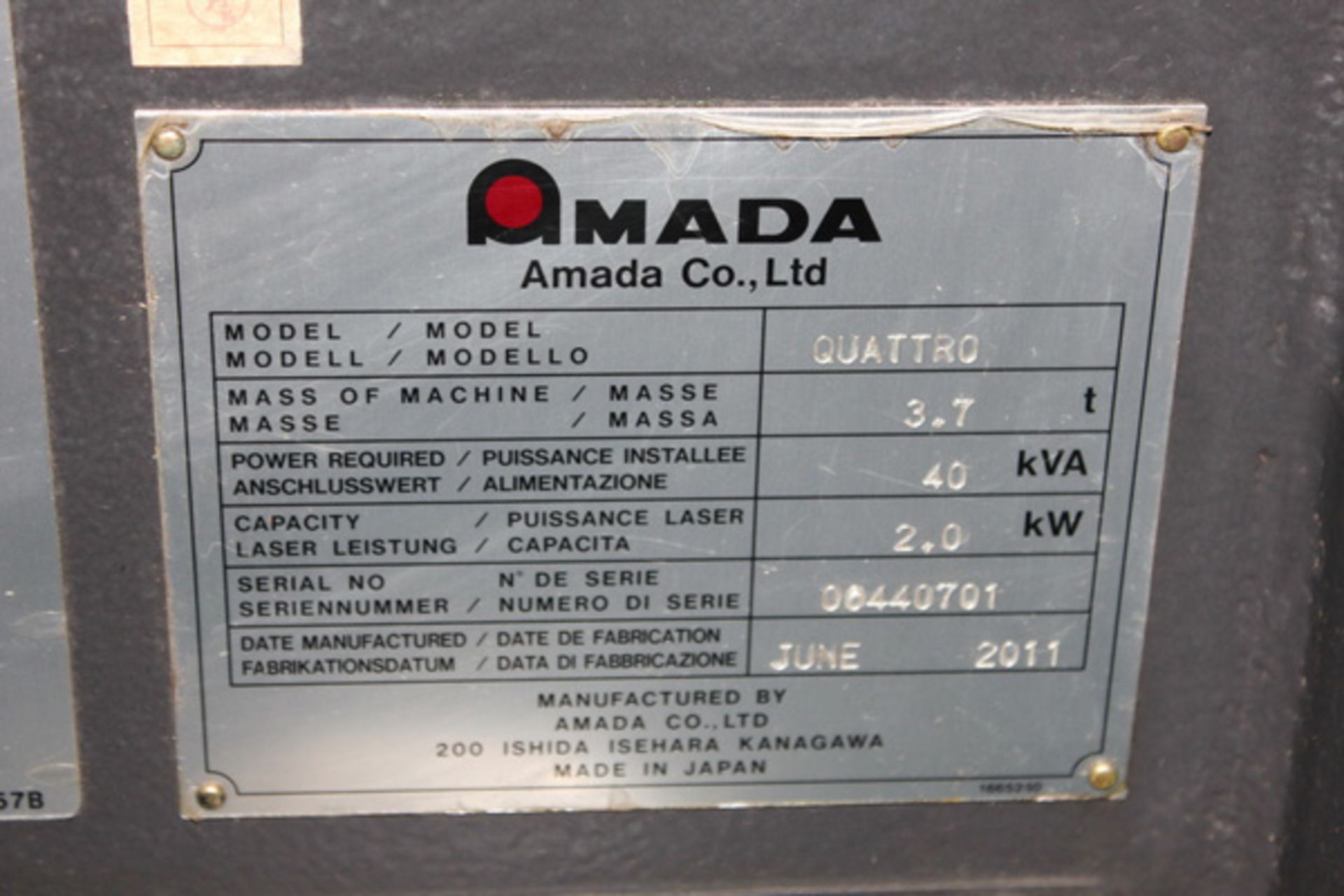 2011 Amada Quattro CNC Laser Cutting Machine 2,000 Watt x 49" x 49" x 3.9", Mdl: Quattro , S/N: - Image 20 of 33