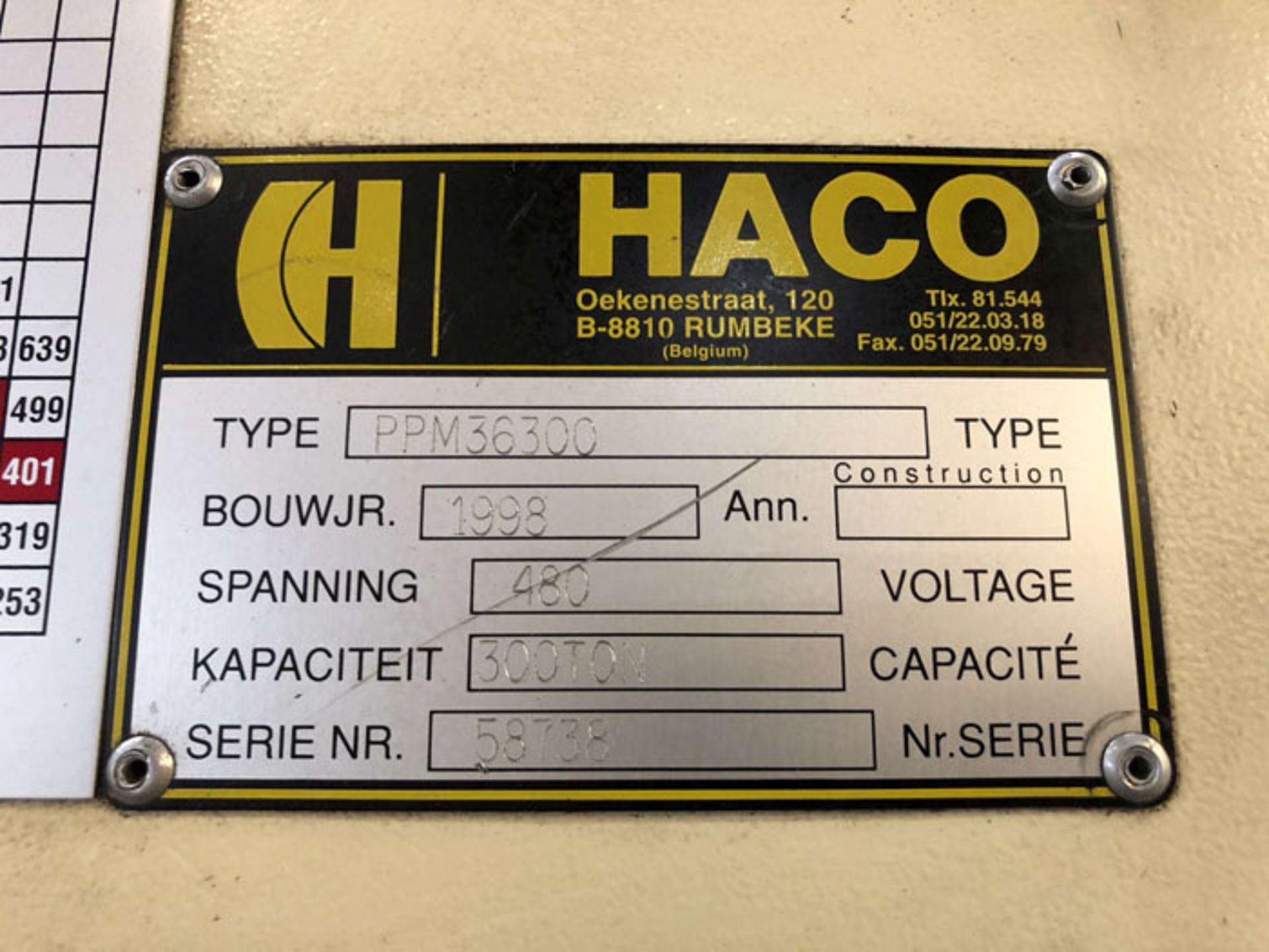 1998 Haco CNC Hydraulic Press Brake | 300 Ton x 12', Mdl: PPM36300, S/N: 58738, Located In: - Image 20 of 20