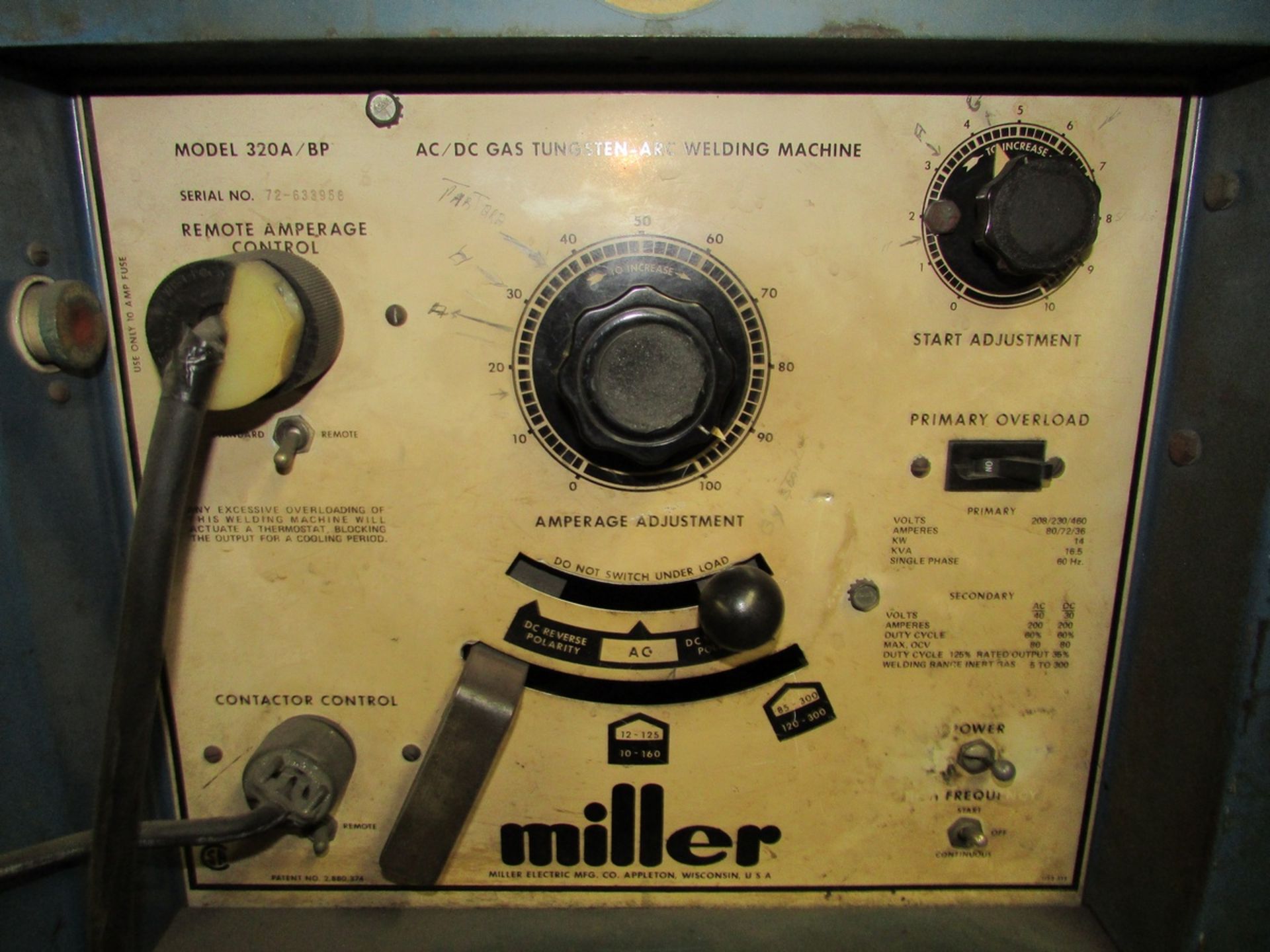 Miller 320A/BP AC/DC Gas Tungsten Arc Welder, 200A 40V AC 30V DC 60% Duty Cycle 80 Max OCV Output, - Image 3 of 7