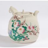 Japanese teapot, the body with polychrome foliate decoration, the side handle with ring finial,