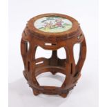 Chinese Republic period Huali wood and porcelain table, the polychrome painted porcelain top with