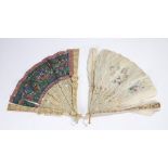 Two Chinese Canton Xianfeng period fans, an ivory and feather fan the guards and sticks carved