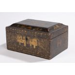 19th Century Chinese black lacquer and gilt heightened box, decorated with figures at a table